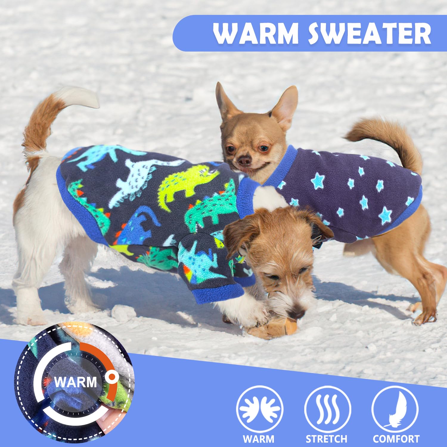 3 Pack Dinosaur Fleece Sweaters for Medium Dogs - Warm & Cute Pet Sweaters for Boys - Winter Dog Coats for French Bulldog,Dachsh