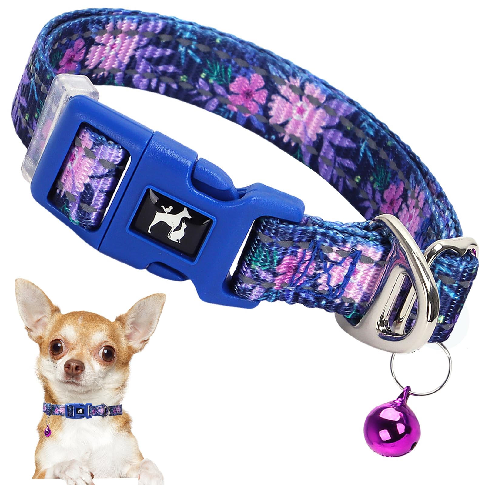 Floral Puppy Collar With Bell - Adjustable Flower Print Dog Collar For Small Dogs, Reflective Soft Comfort Collar For Chihuahua,