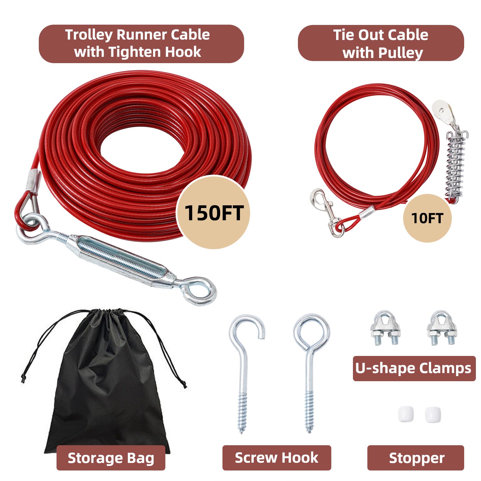 Luffwell Dog Runner For Yard - 150Ft Long Leash With 10Ft Shock Absorption Spring And Pulley Trolley System For Dogs Run Outside