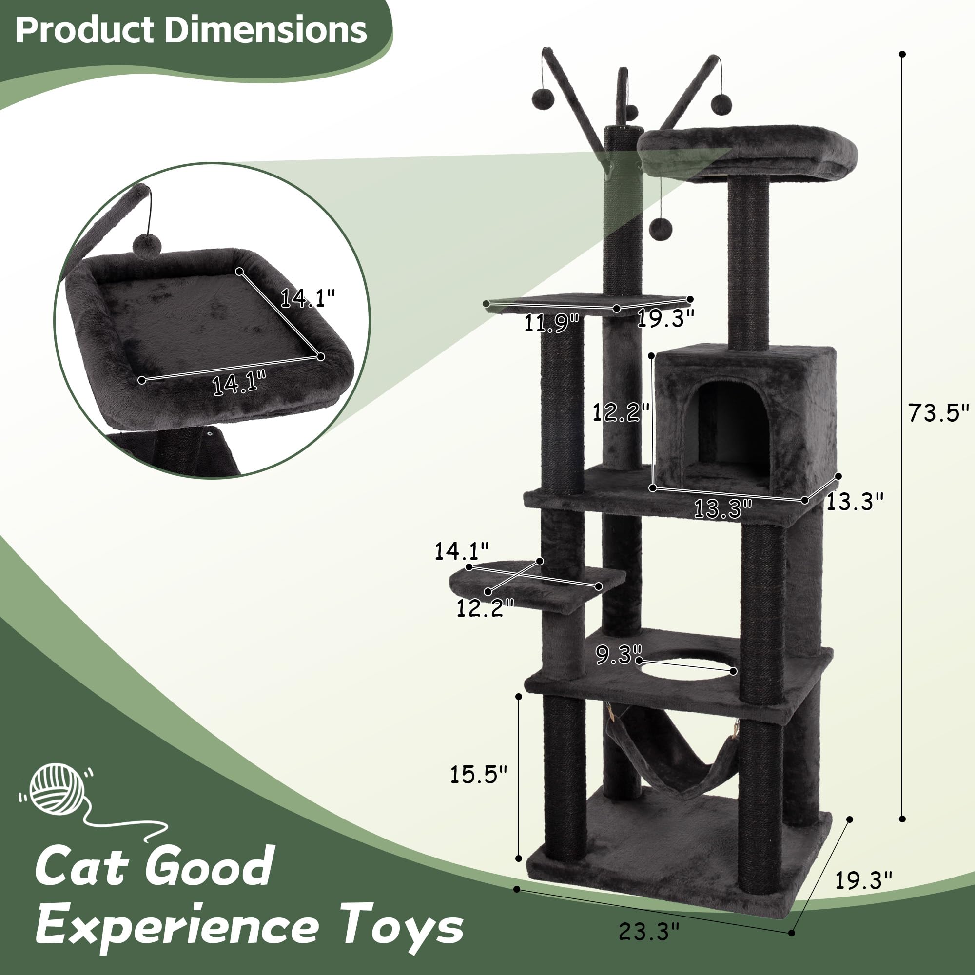Kamaboko Gothic Cat Tree, 73.6    Black Cat Tower For Indoor Cats With Sisal Scratching Posts, Spacious Cat Condo, Self Groomer,