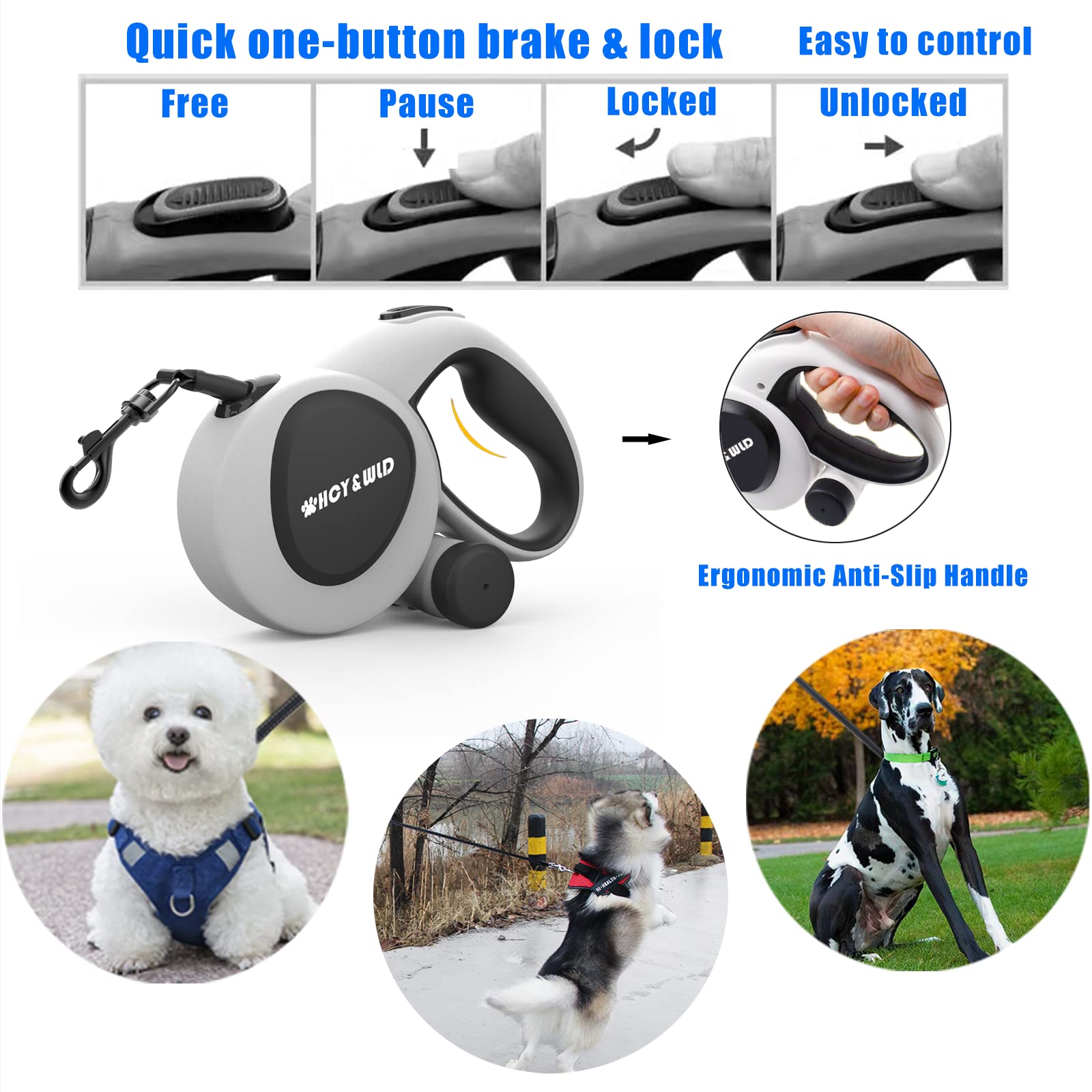 HCY&WLD Upgrade 3-in-1 Retractable Dog Leash with Integrated Dispenser & Poop Bags, 16 ft Heavy Duty Dog Leash with Anti-Slip Ha