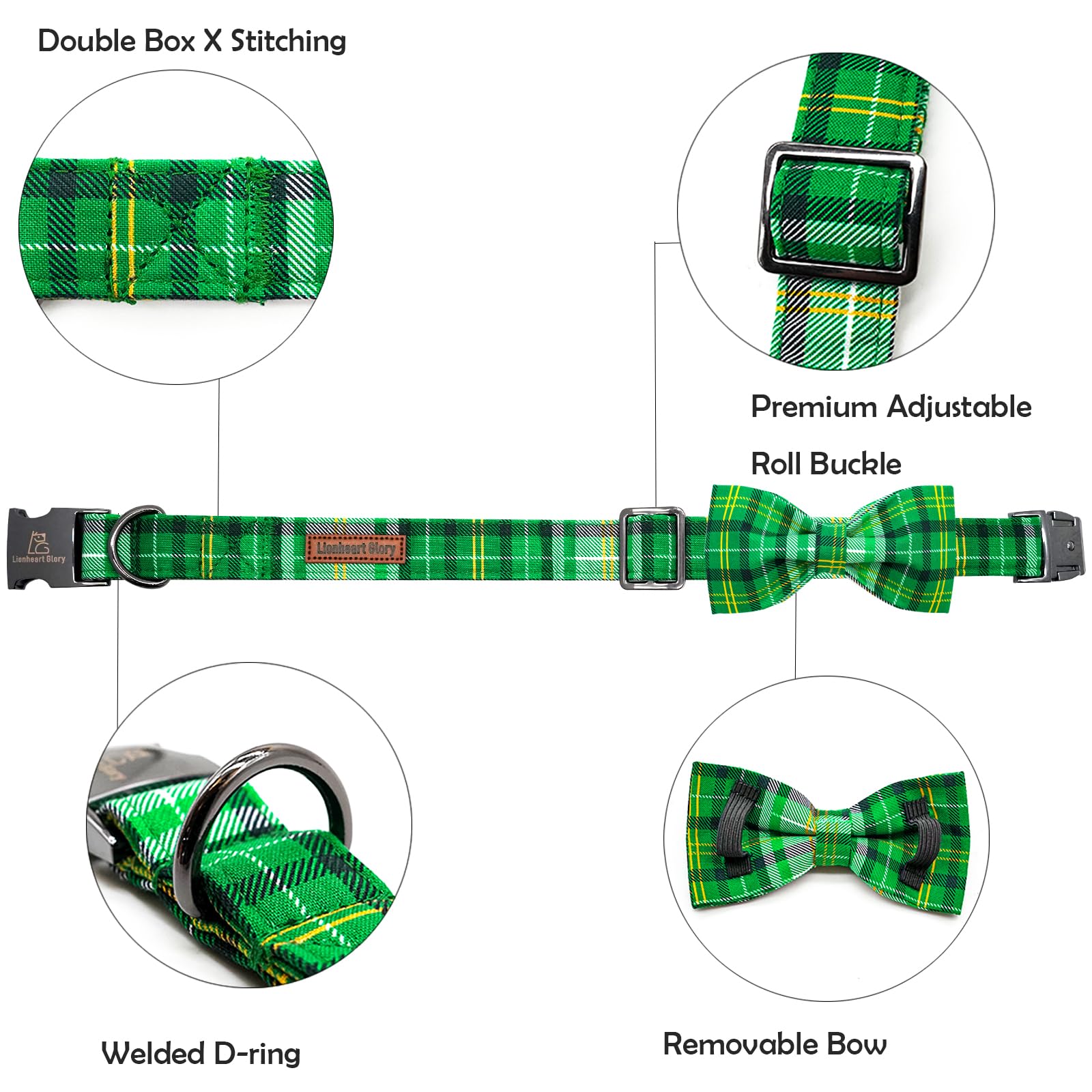 Lionheart Glory St. Patrick'S Day Dog Collar For X-Small Dogs, Adjustable Green Plaid Collar With Bowtie