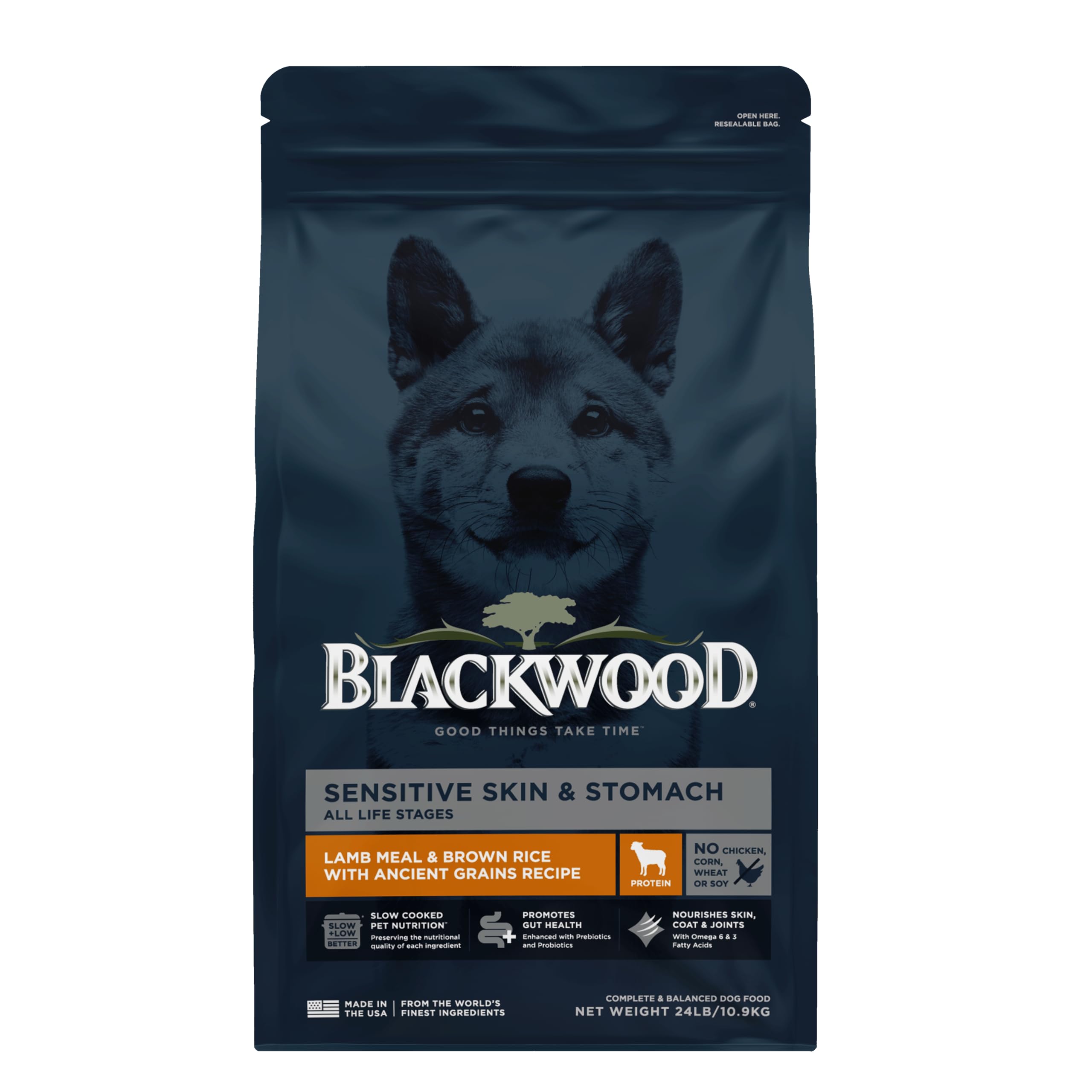 Blackwood Sensitive Skin & Stomach Dry Dog Food, Lamb Meal & Brown Rice with Ancient Grains, 24 Pound Bag with Prebiotics & Prob