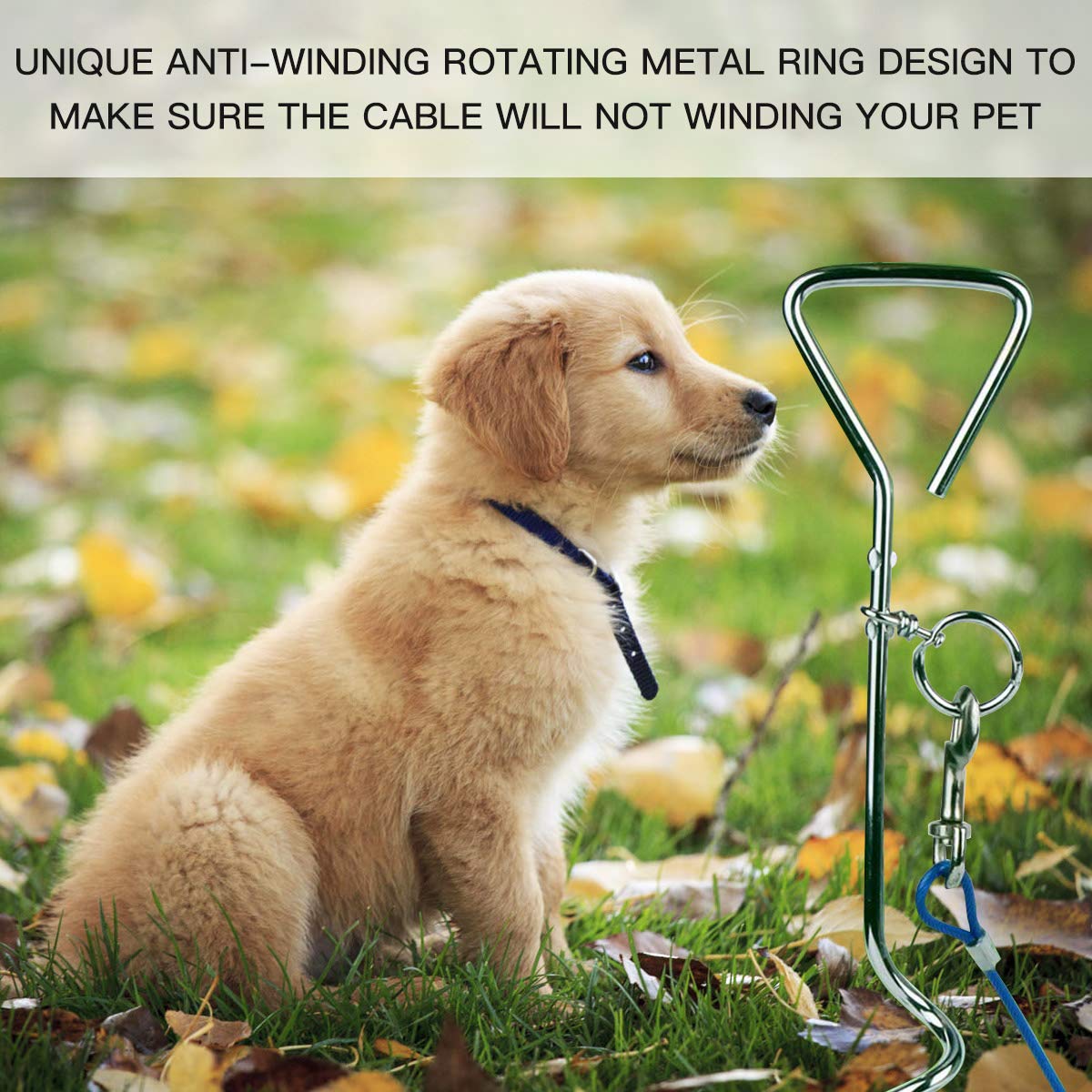 Clkhowl Dog Stake Tie Out Cable - 16/30' Anti Rust Reflective Stake For Medium Large Dogs Up To 125 Lbs, Dog Cable Runner And Metal Hooks For Yard, Camping, Or Outdoors (Blue, 16Ft)