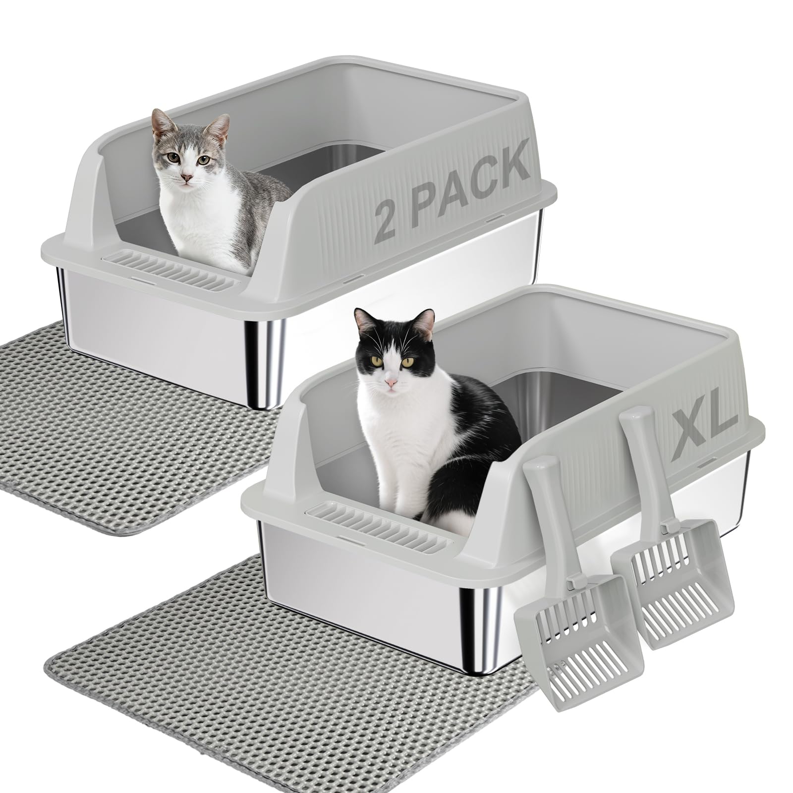 TENTIZON 2 Pack Large Stainless Steel Cat Litter Boxes, Open Top Metal Kitty Litter Tray with High Sides, Litter Mat, Scoop for 