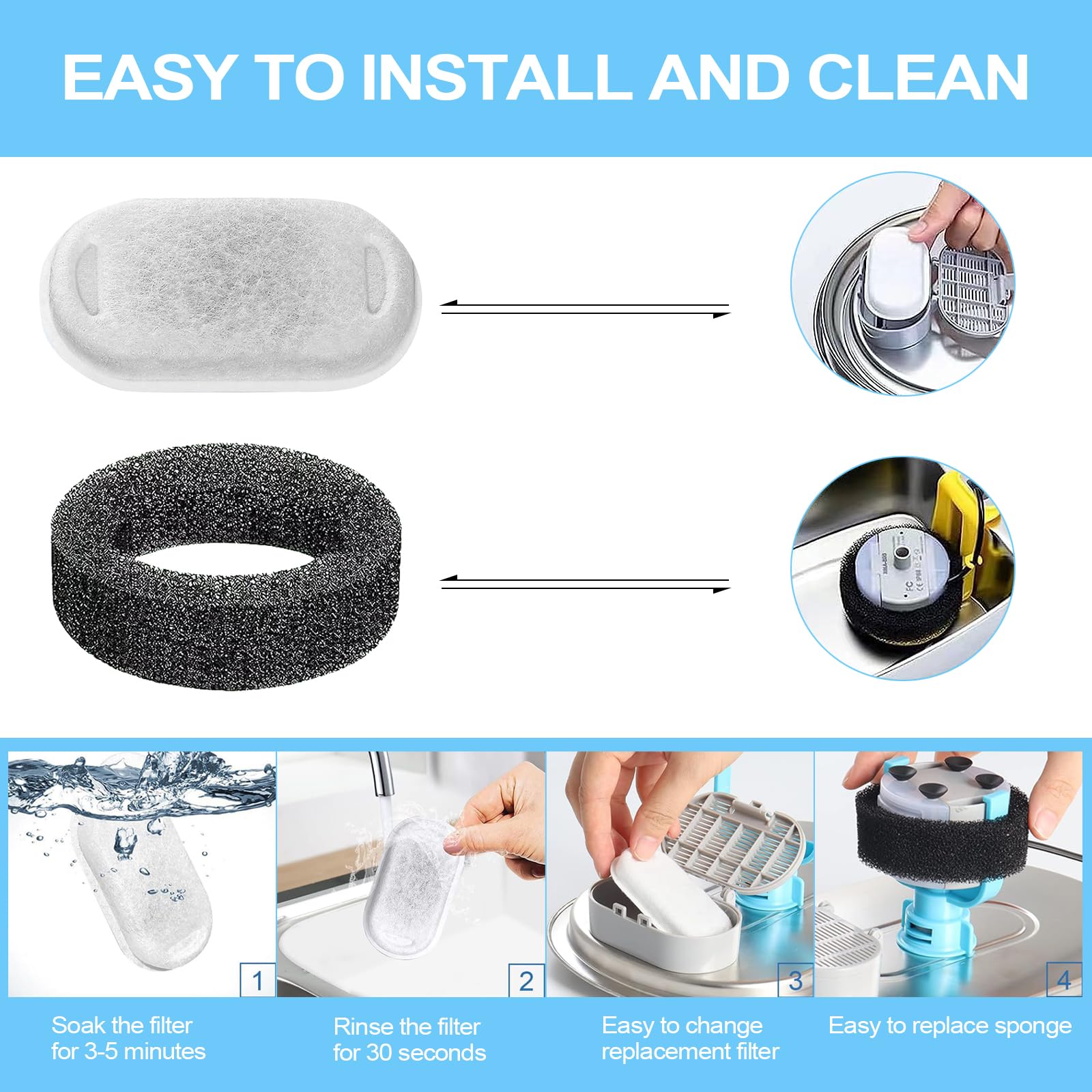 Cat Water Fountain Filter For Stainless Steel 108Oz/3.2L& 67Oz/2L Automatic Pet Water Dispenser Fountian Replacement Filter With