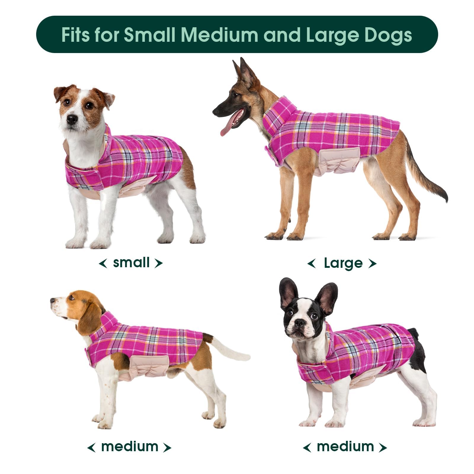 Kuoser Warm Dog Coat, Reversible Dog Jacket Waterproof Dog Winter Coat British Style Plaid Dog Clothes Pet Dog Cold Weather Coats Cozy Snow Jacket Vest For Small Medium Large Dogs Christmas Rose L
