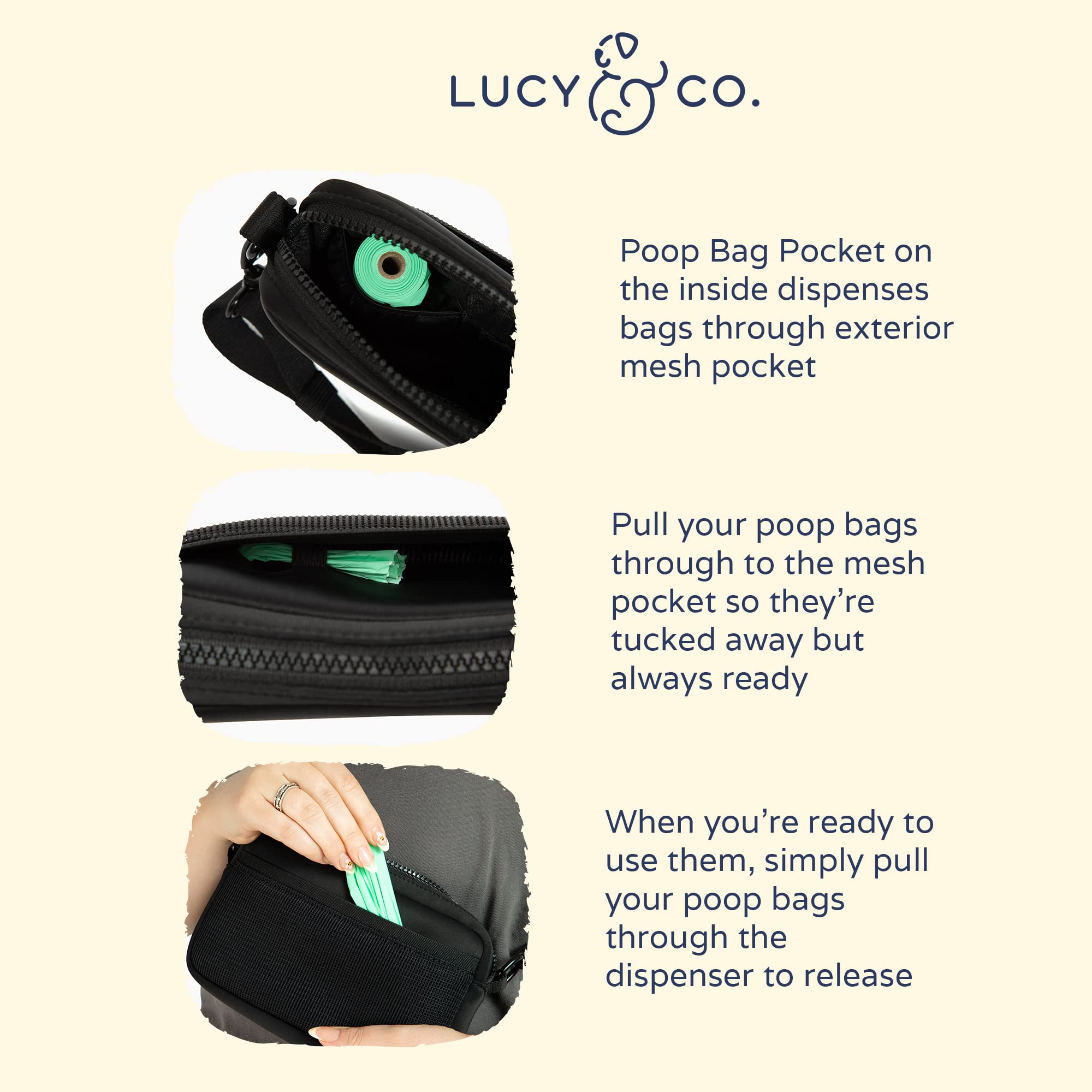 Lucy & Co. Crossbody Treat Bag, Pet Treat Pouch, Fanny Pack, Shoulder Bag, Wear 3 Ways, Hidden Poop Bag Dispenser, Zip Treat Poc