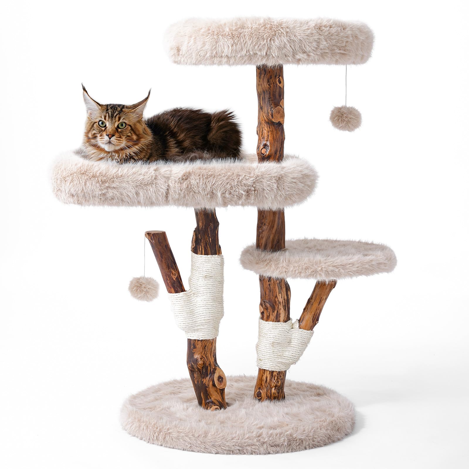Aesthetic Cat Tree Tower for Large Cats, Large Cat Tree for Maine Coon Indoor Cats with Faux Fox Fur, Solid Wood Sisal Scratchin