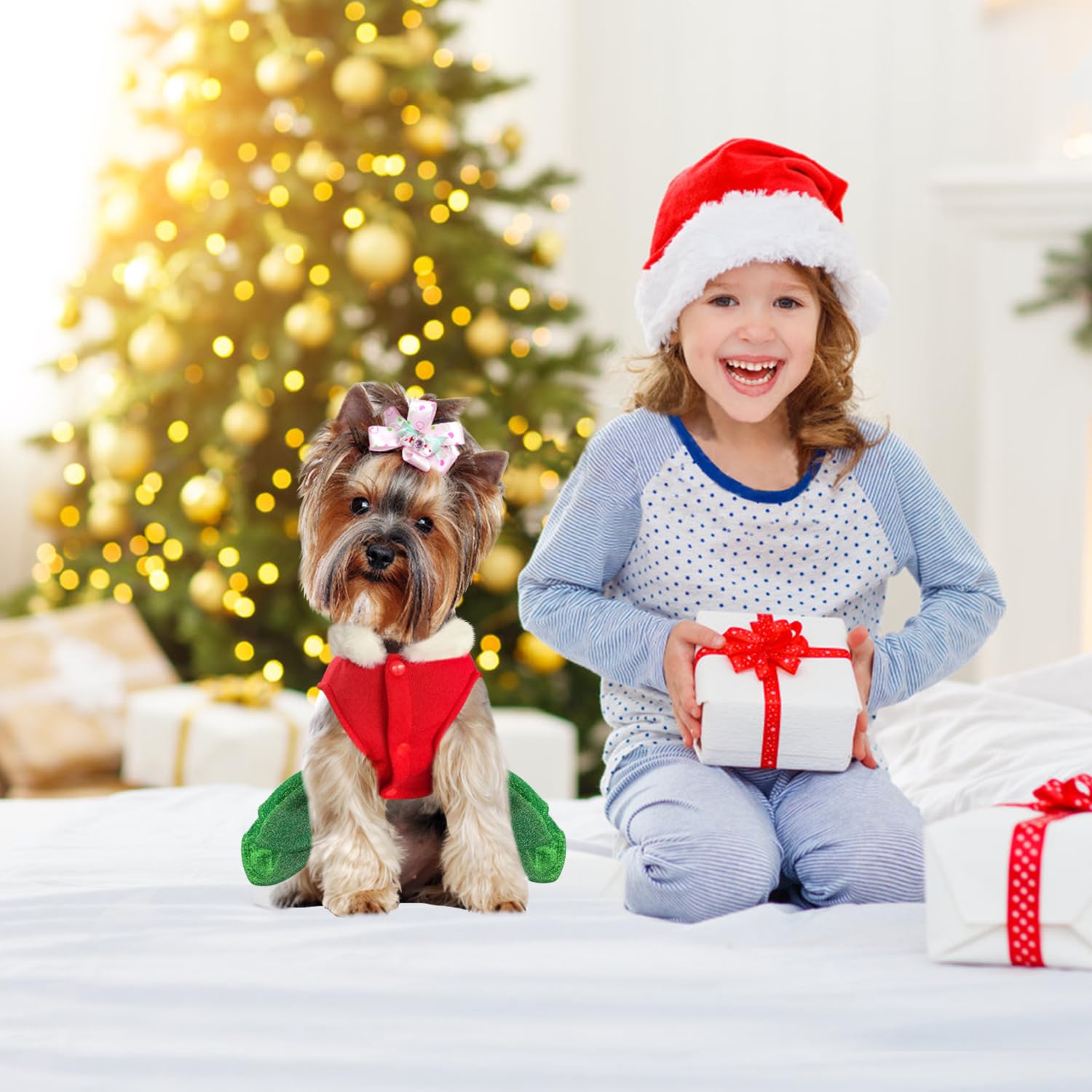 Otunrues Merry Christmas Dog Dress - Cute Holiday Costume Outfit For Small Medium Dogs - Fleece Clothes For Pets - Red & Green X