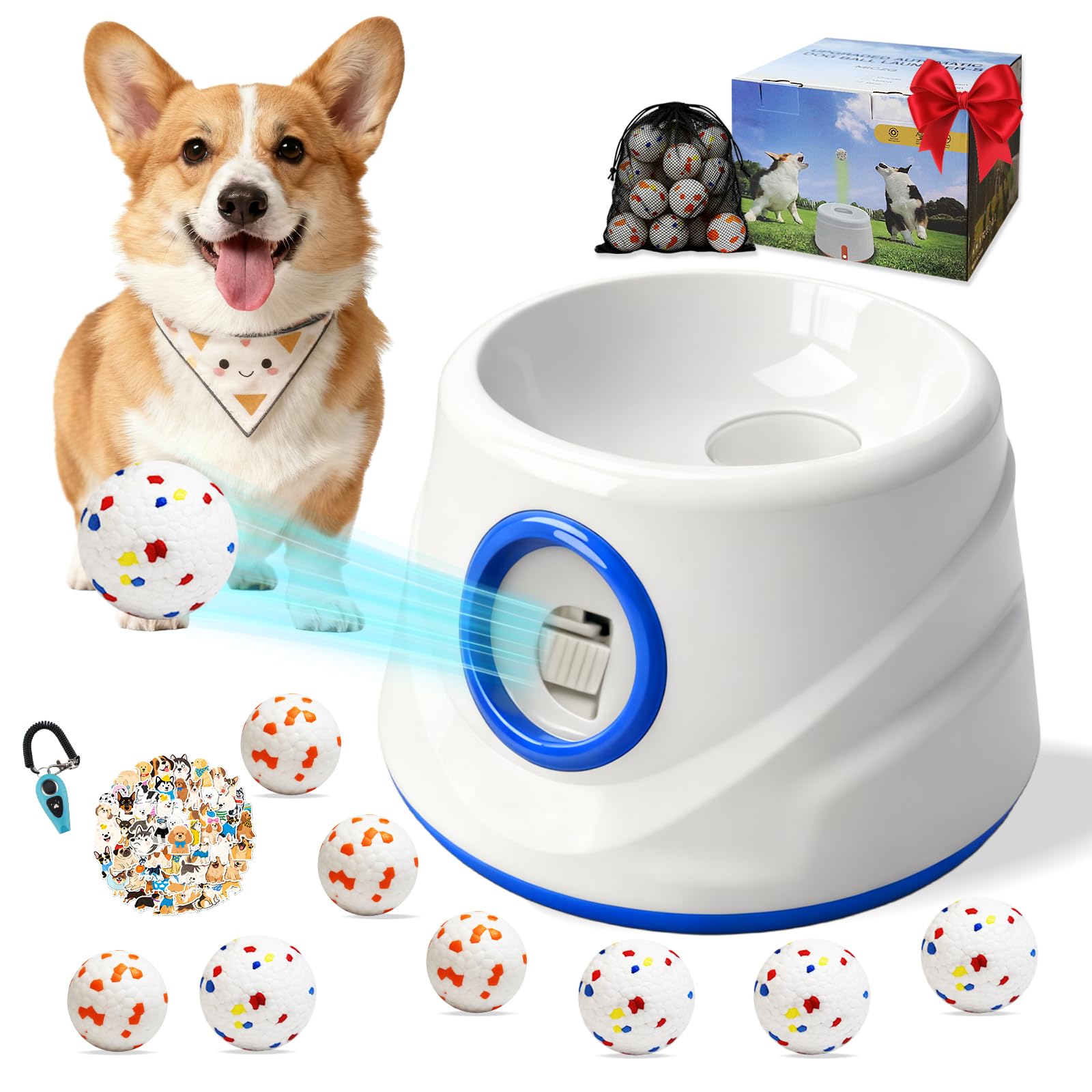 Automatic Ball Launcher for Dogs with 8 Balls - Adjustable Distance up to 50ft,Charger, Whistle & Storage Bag - Interactive Fetc