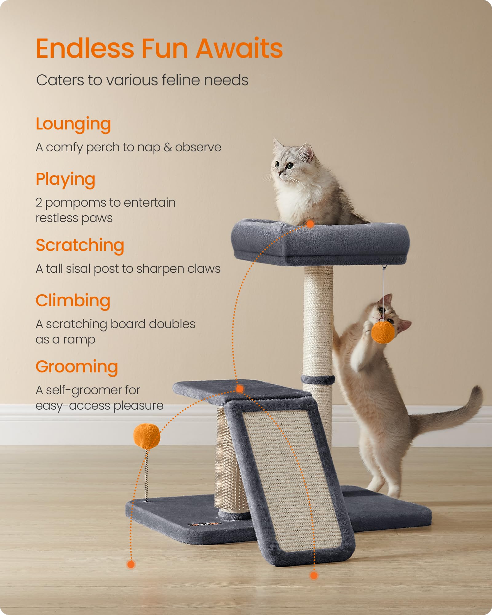 Feandrea Cat Scratching Post With Bed, Multifunctional Cat Scratcher With Perch, Rotatable Ramp, Self-Groomer, Pompoms, Small Ca