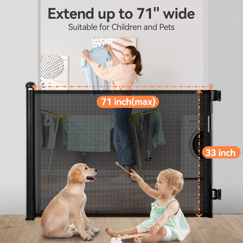 COMOMY Retractable Baby Gate for Stairs, 0-71 Mesh Dog Gate for House Doorways Hallways, 33 Tall Extra Wide Child Safety Gate fo