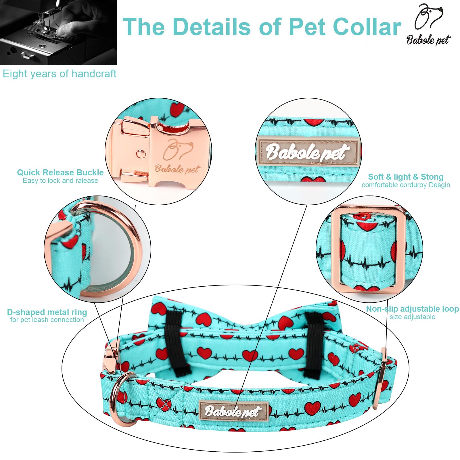 Babole Pet Valentines Dog Collar with Bow Tie,Green Love Heart Signal Valentine Dog Collars with Safety Metal Buckle Adjustable