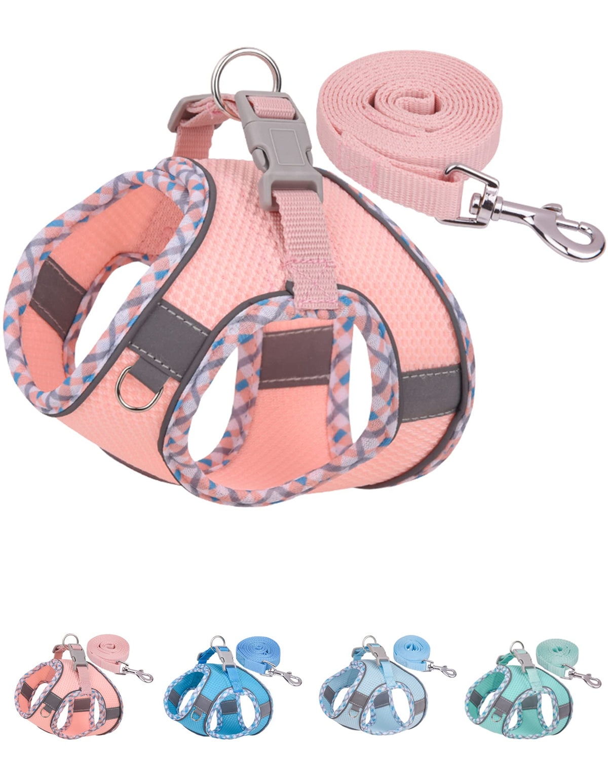 Petank Dog Harness (Pink, L) - Jacquard Mesh, Velcro Design, Reflective Strip, No Pull, Puppy Harness And Leash Set, Small To Medium Dogs, Walking, Running, Training