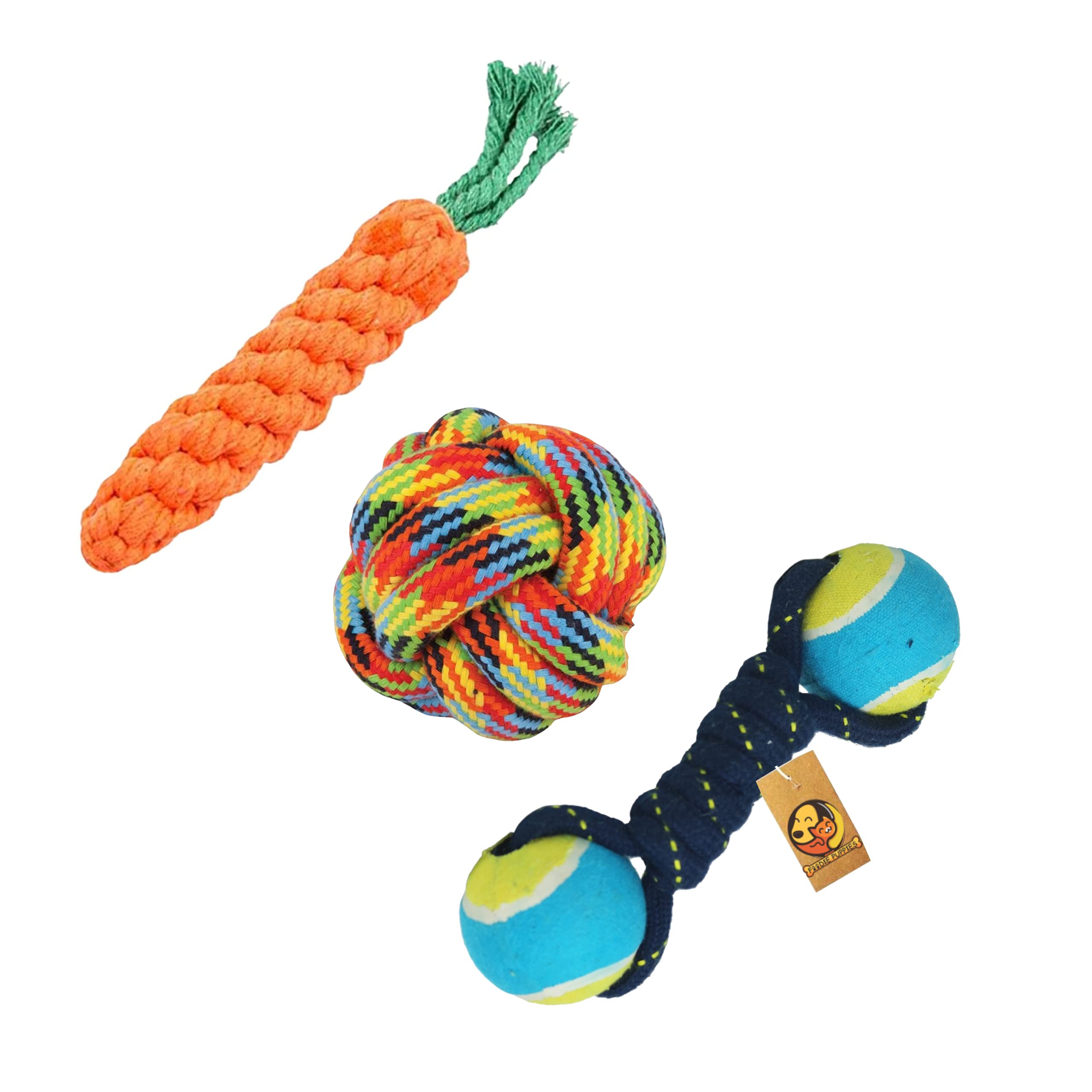 Foodie Puppies Dog Chew Cotton Rope Toys 3in1 Combo for Dogs & Puppies (Cotton Ball + DualTennis + Carrot Rope) Knotted Chew Do