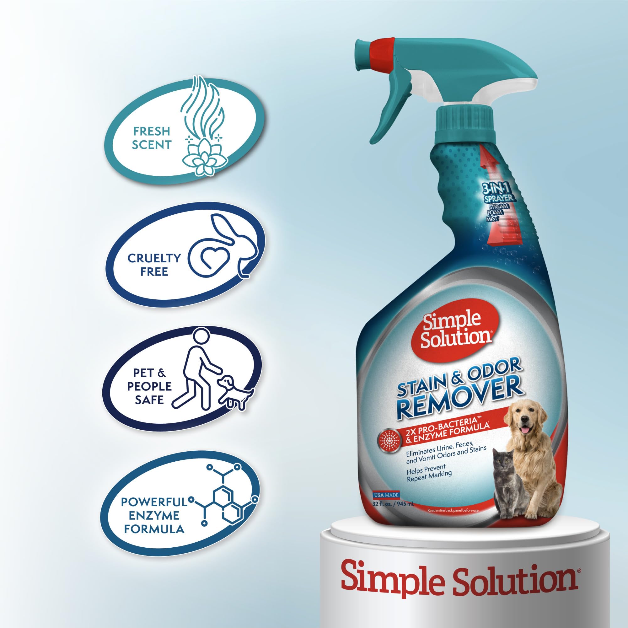 Simple Solution Stain And Odor Eliminator Spray For Dogs & Cats, Enzyme Cleaner With 2X Pro-Bacteria Cleaning Power, Strong Smell Remover For Carpets, Upholstery & Floors, 32 Oz