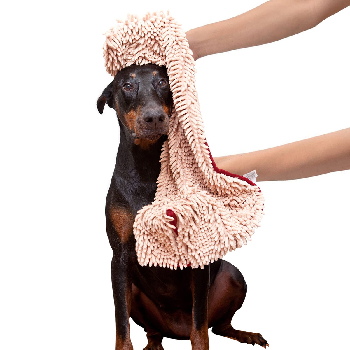 Soggy Doggy Super Shammy Dog Towel, Washable Microfiber Dog Towels For Drying Dogs And Cleaning Paws, Fast-Drying Dog Bath Towel With Hand Pockets, Beige/Red Trim, 31 X 14 Inches