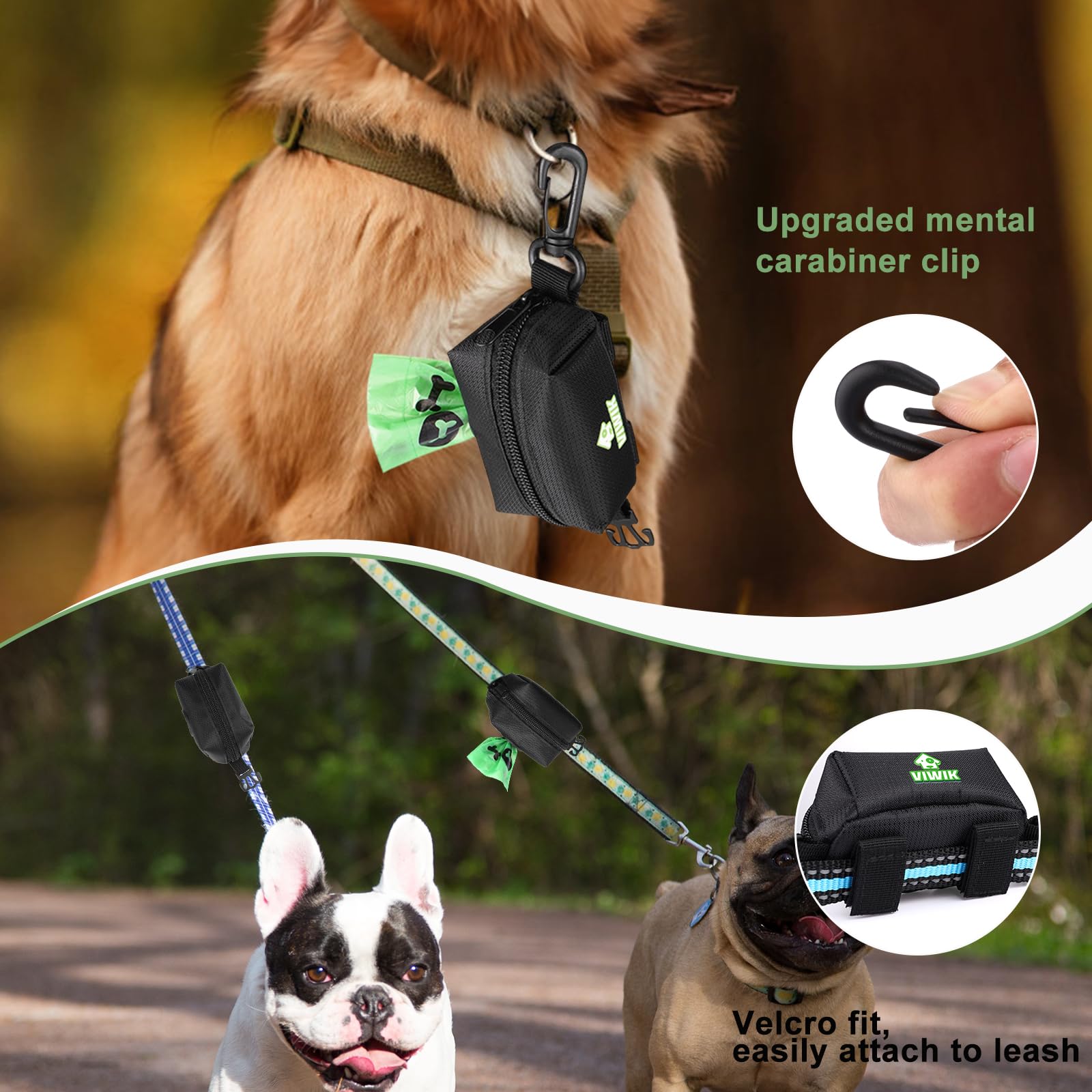 Viwik Dog Poop Bag Holder For Leash, Waste Bag Dispenser With Pet Trash Bags And Carabiner Clip, Soft Portable Doggie Poop Bag D
