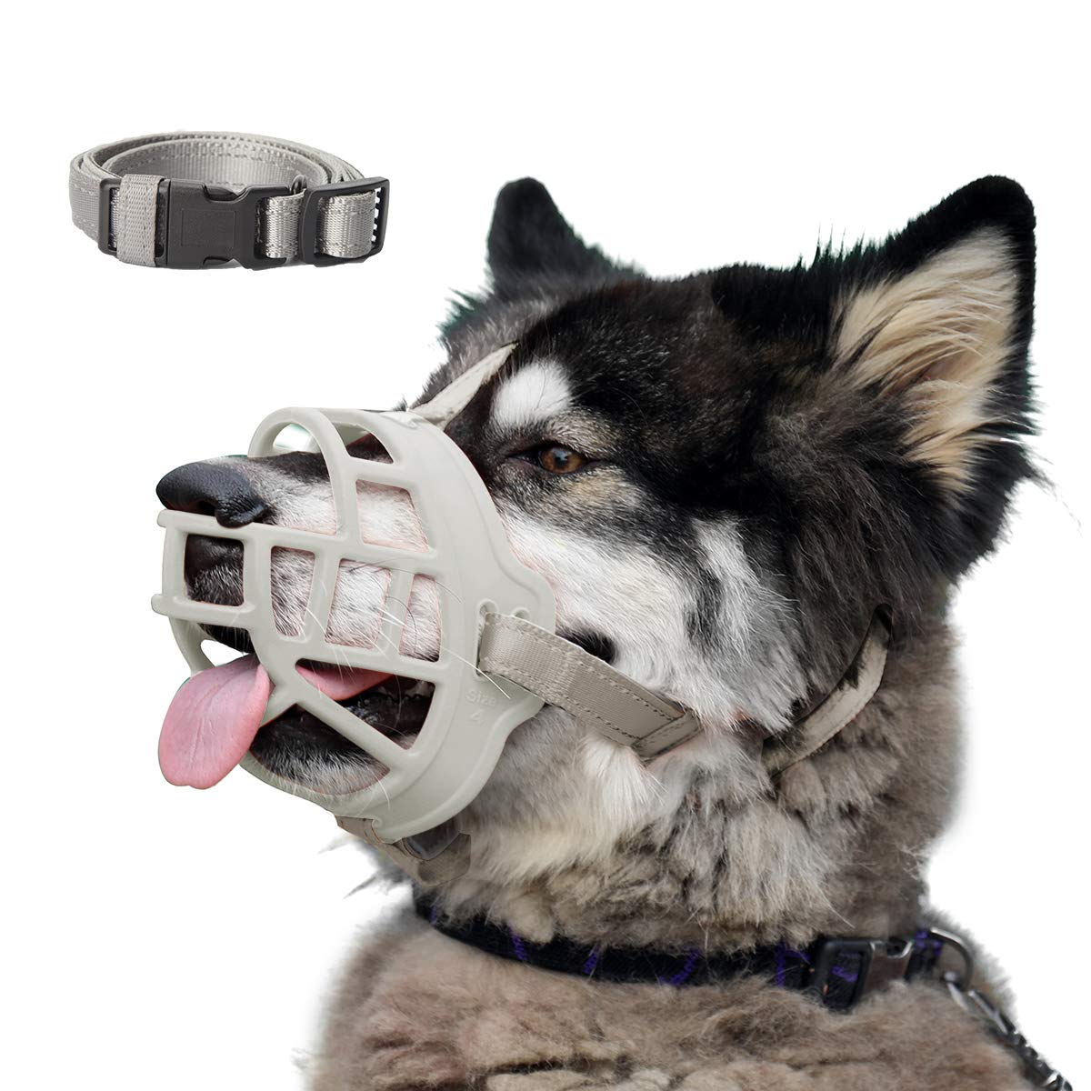 Dog Muzzle, Soft Silicone Basket Muzzle For Dogs, Allows Panting And Drinking, Prevents Unwanted Barking Biting And Chewing, Included Collar And Training Guide