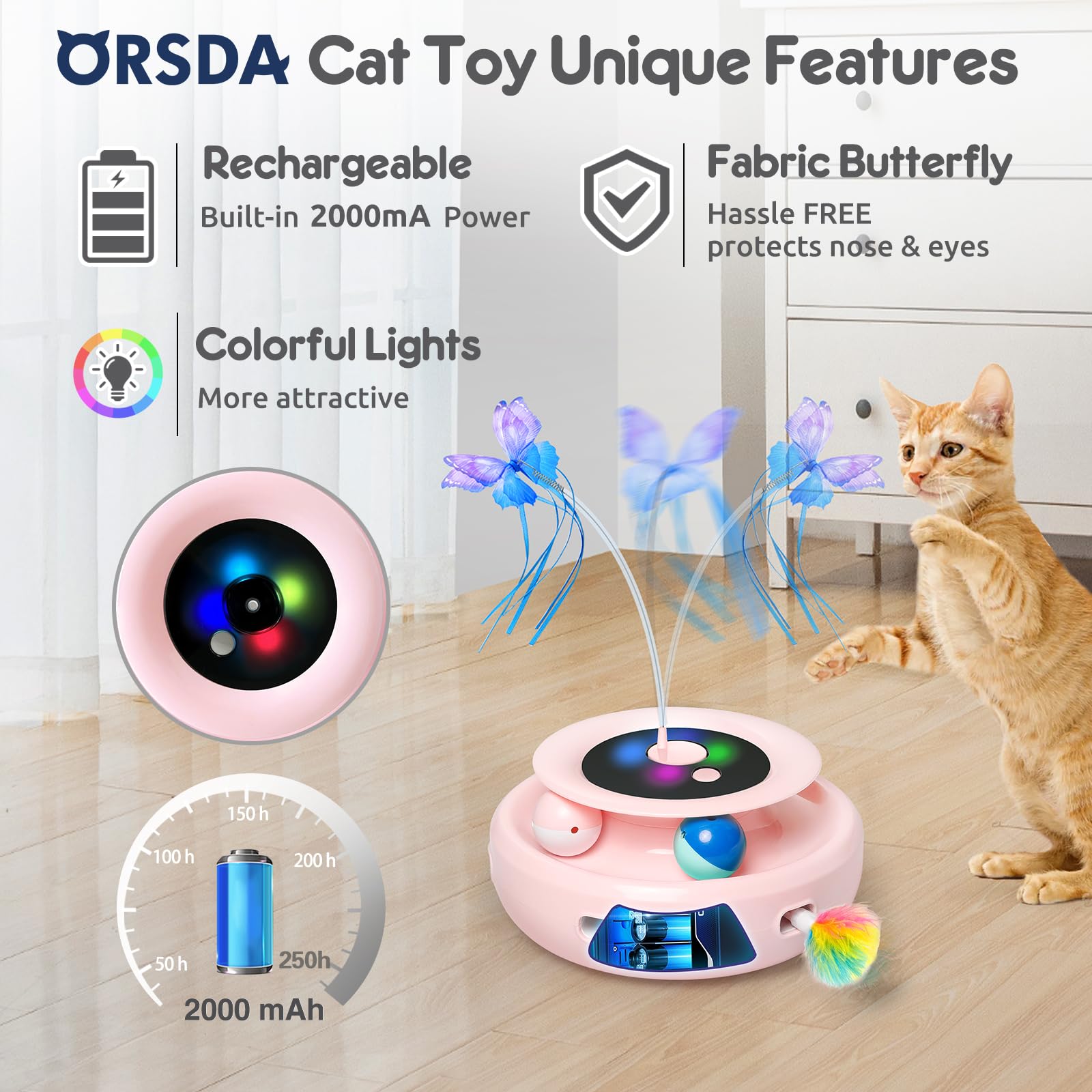 Orsda Cat Toy, 3-In-1 Automatic Interactive Electronic Moving Ambush Feather, Fluttering Butterfly, Track Balls, Usb Rechargeabl