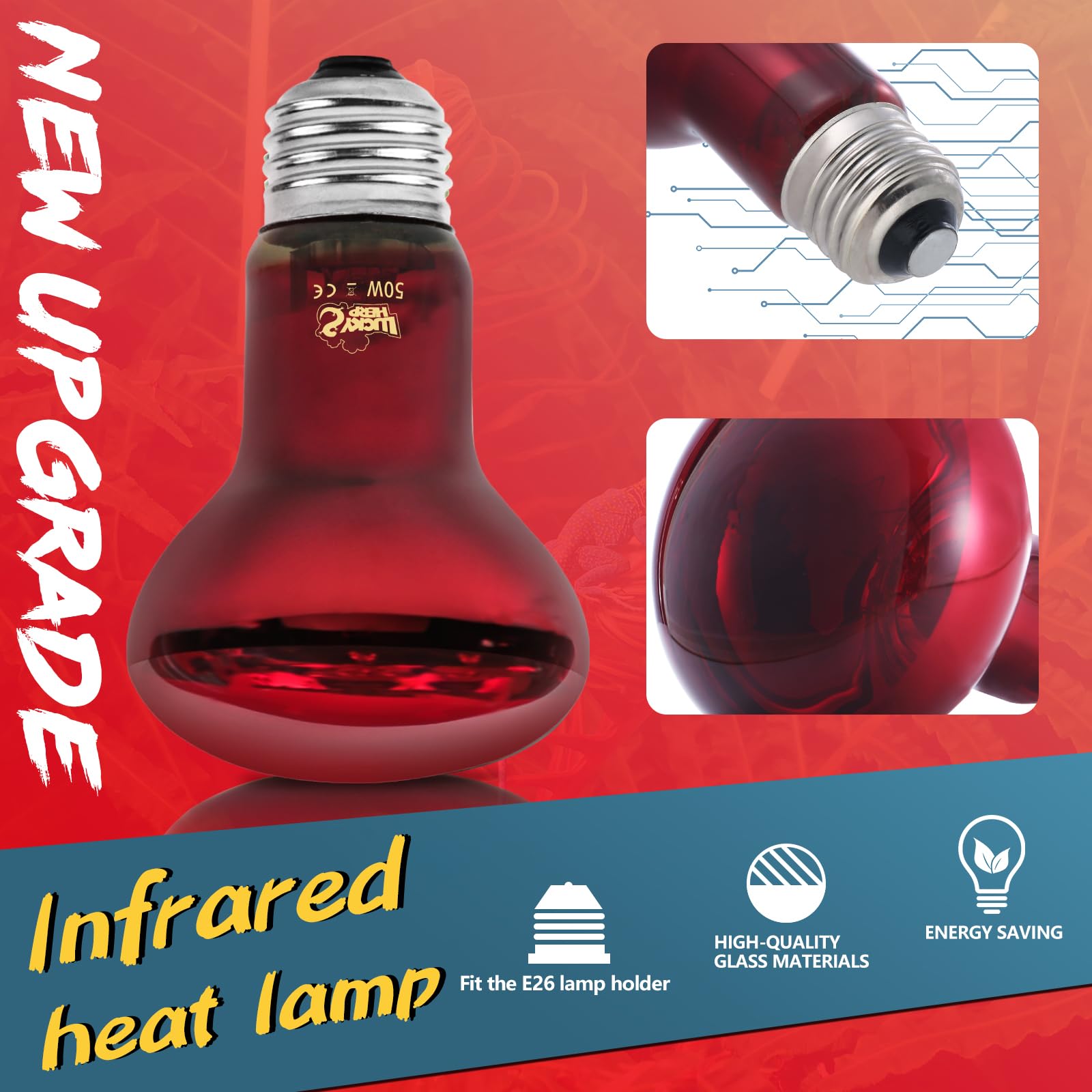 LUCKY HERP Infrared Heat Lamp 50W 2 Pack,Reptile & Amphibian Basking Spot Light Bulbs, Red Heat Lamp Bulbs for Reptiles, Bearded