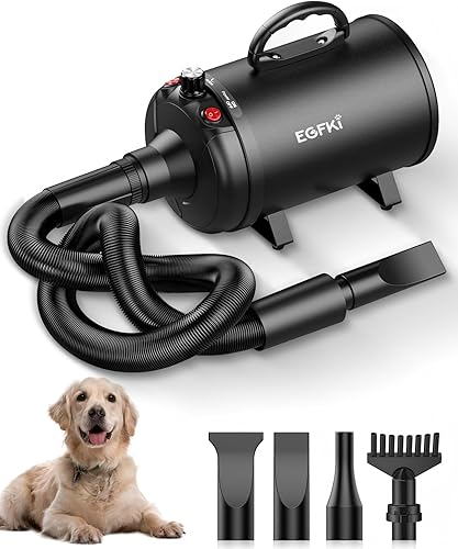 EGFKI Dog Dryer 5.2HP High Velocity Hair Blower with 4 Nozzles, Adjustable Speed & Temperature, Dark Black Pet Grooming Tool