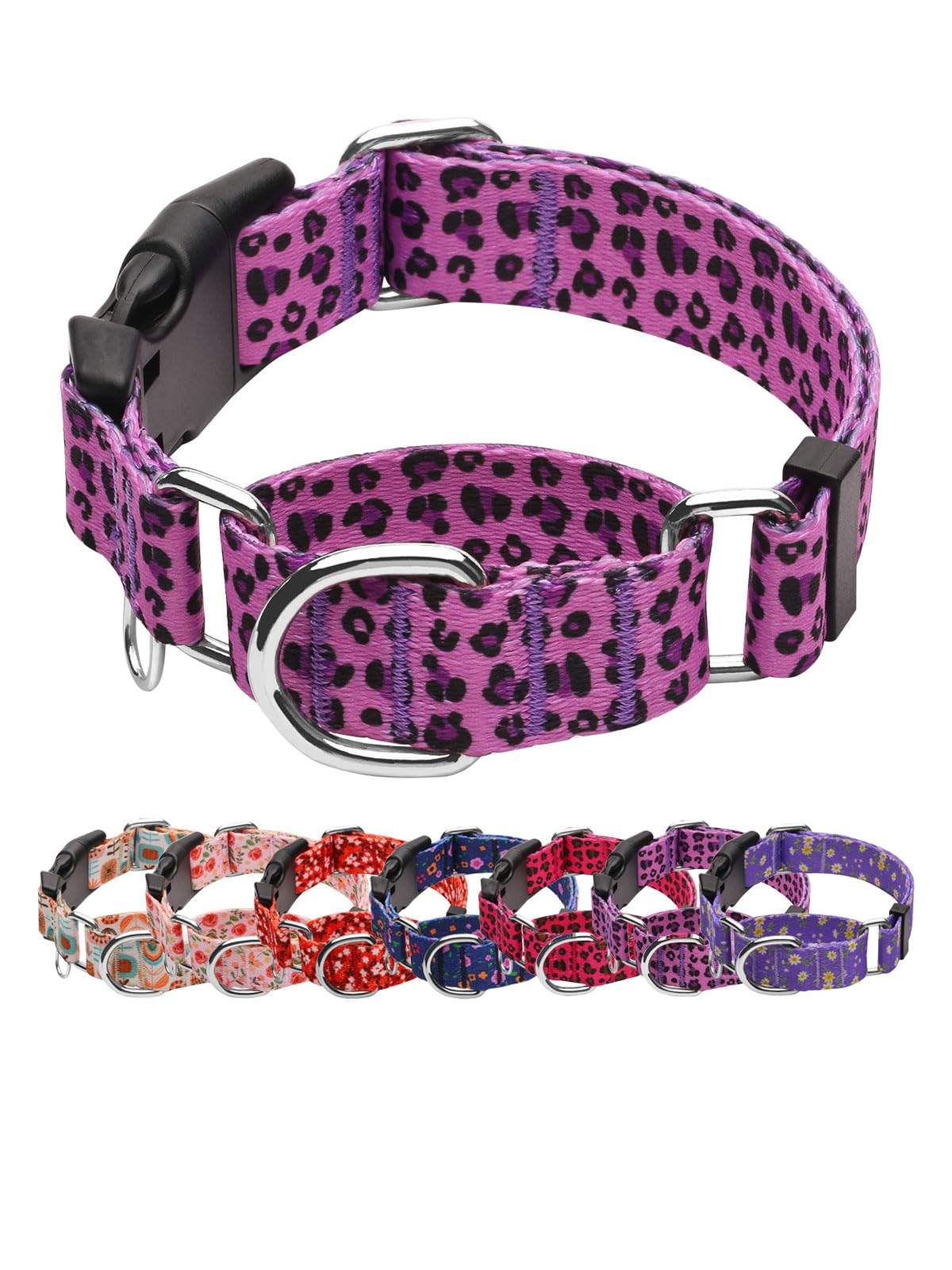 Joocpup Martingale Dog Collar With Tag Ring - Adjustable Soft Nylon No-Slip Design For Small, Medium & Large Dogs, Purple Leopar