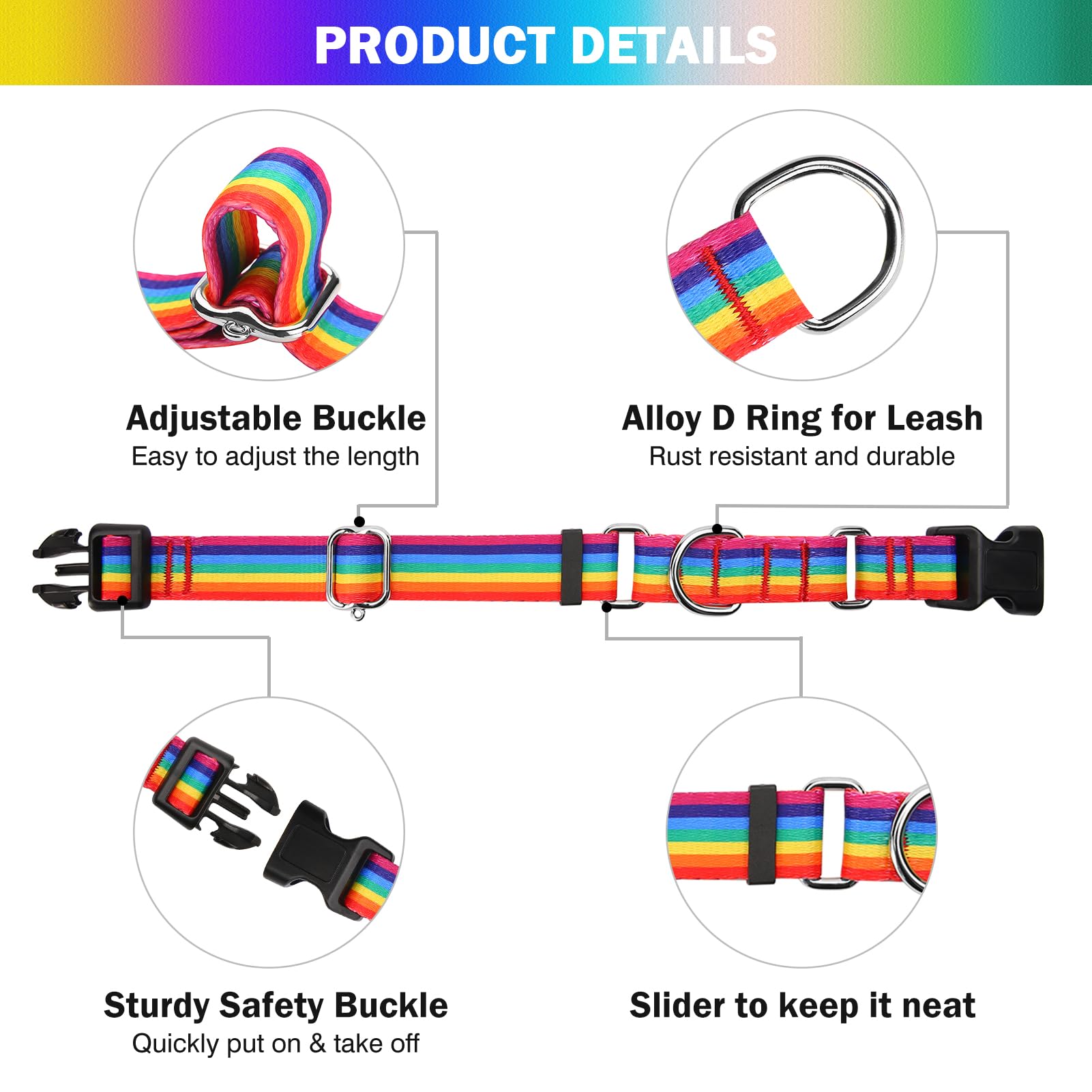 Hikiko Martingale Collar For Dogs Adjustable Soft Nylon Dog Collars With Cute Patterns For Small Medium Large Dog(Rainbow,Medium