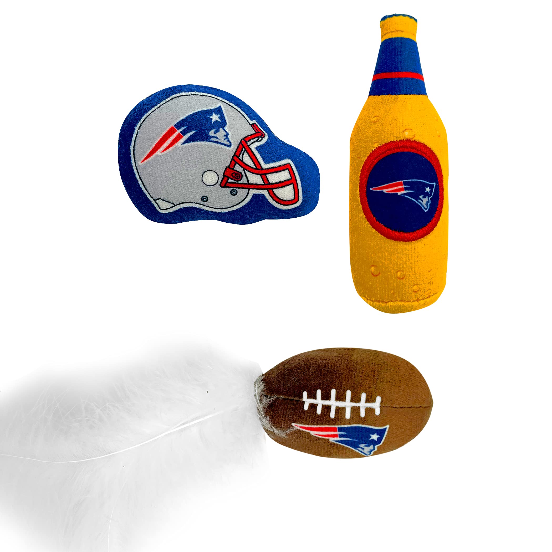 BEST PLUSH CAT TOY: NFL NEW ENGLAND PATRIOTS Complete Set of 3 piece Cat Toys filled with Fresh Catnip. Includes: 1 Helmet Cat T