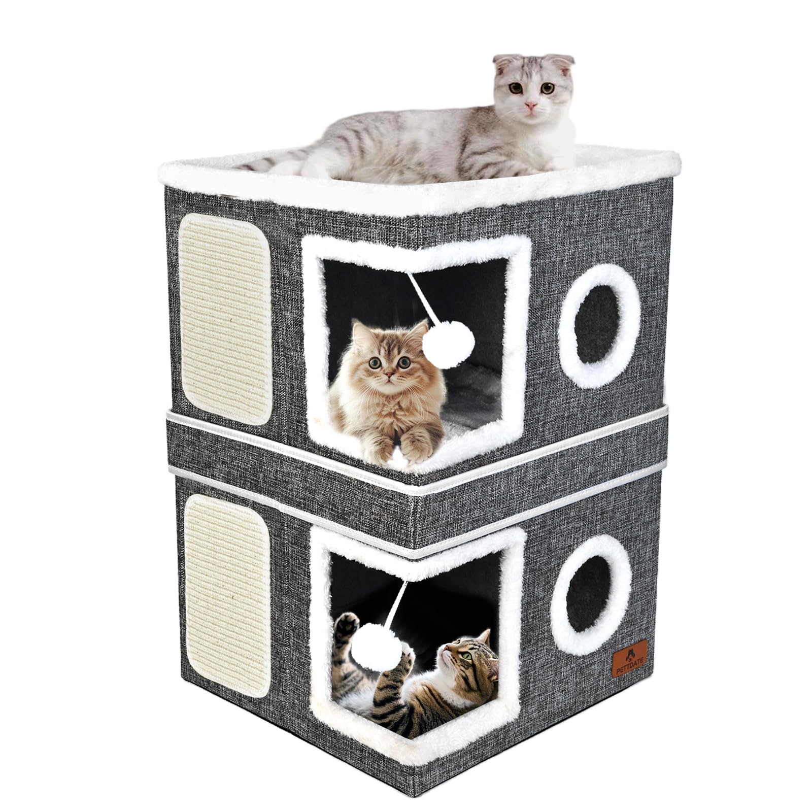 2-Story Cat House For Indoor Cats, Dual-Purpose Cave Bed With Scratch Pad And Fluffy Ball, Foldable Cat Hideaway, Cute Condo Fur