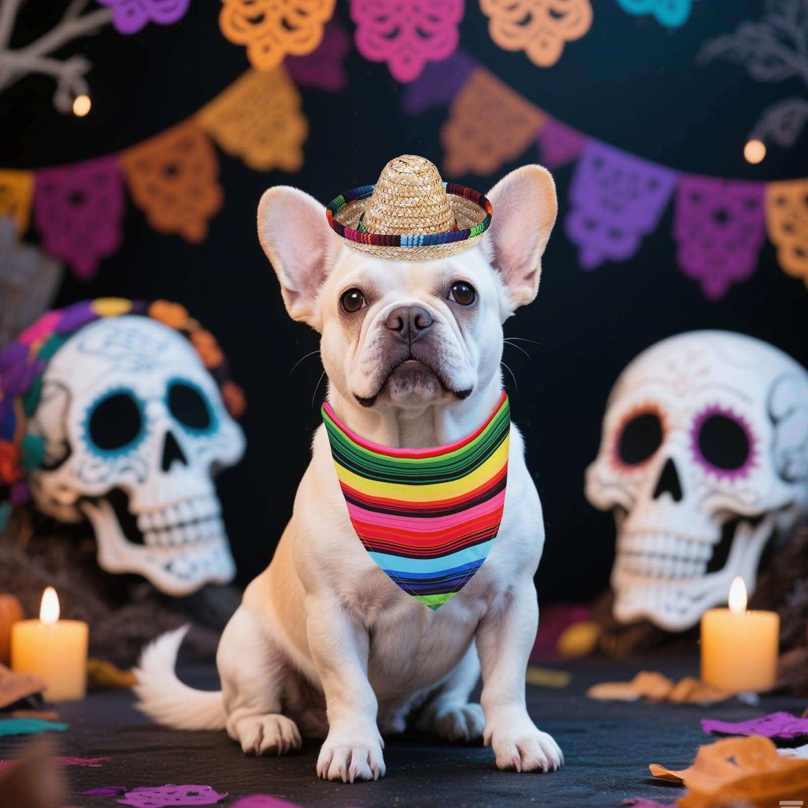Pupteck Mexican Day Of The Dead Dog Bandana Outfit Scarf With Cute Doggy Sombrero Hat, Costume Decorations Supplies For Small Me