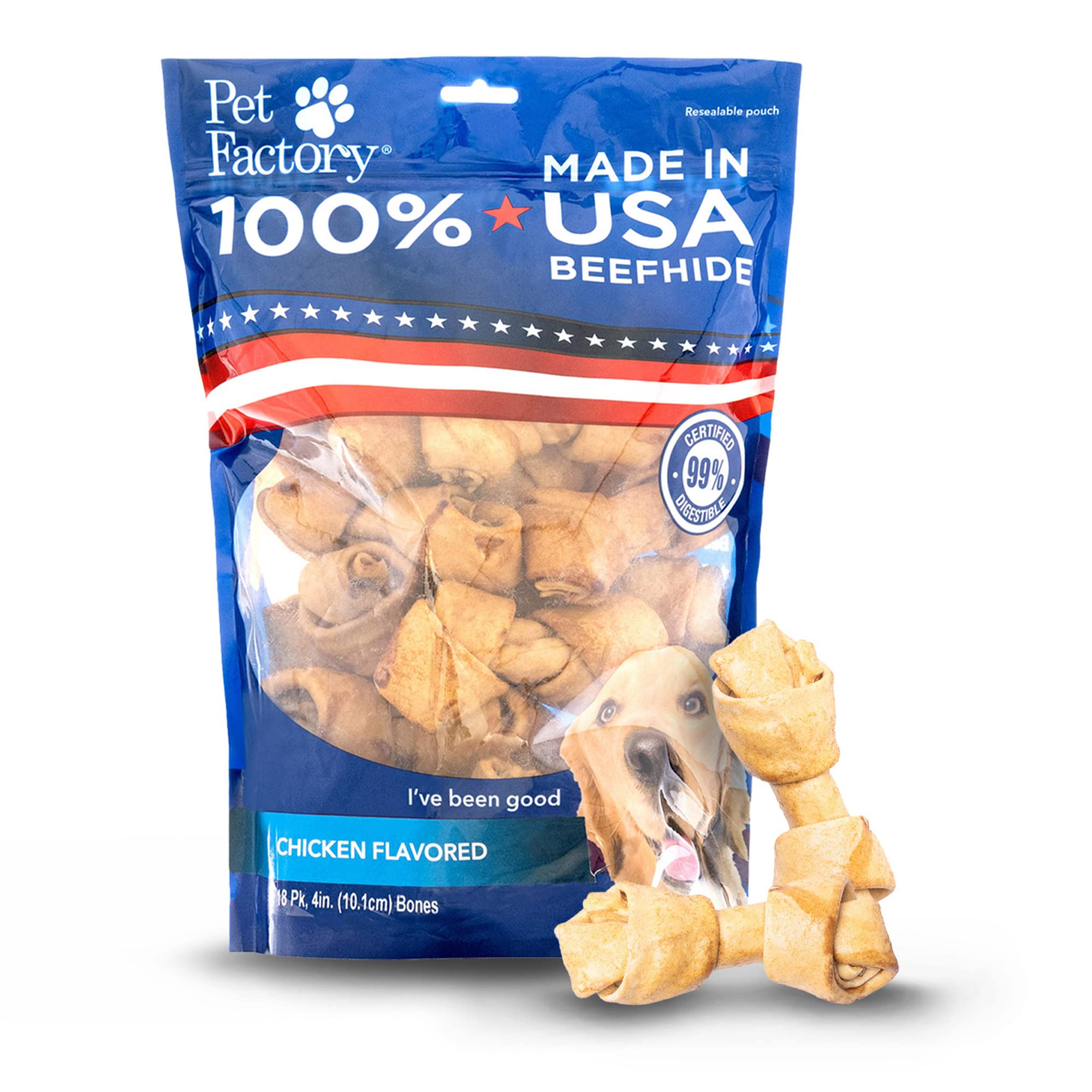 Pet Factory 100% Made in USA Beefhide 4 Knotted Bones Dog Chew Treats - Chicken Flavor, 18 Count/1 Pack
