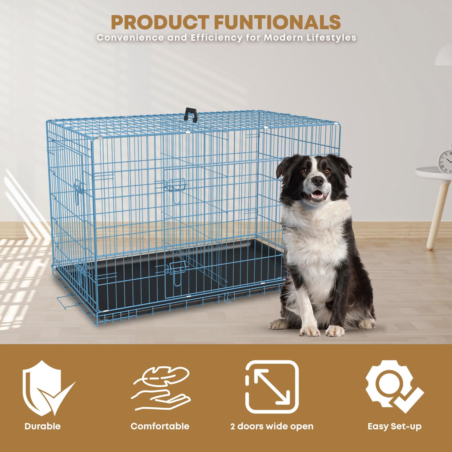 48 Inch Dog Crate For Large Dogs Dog Kennel Pet Crate For Large Dogs Folding Metal Pet Cage Double Door Leak-Proof Plastic Tray