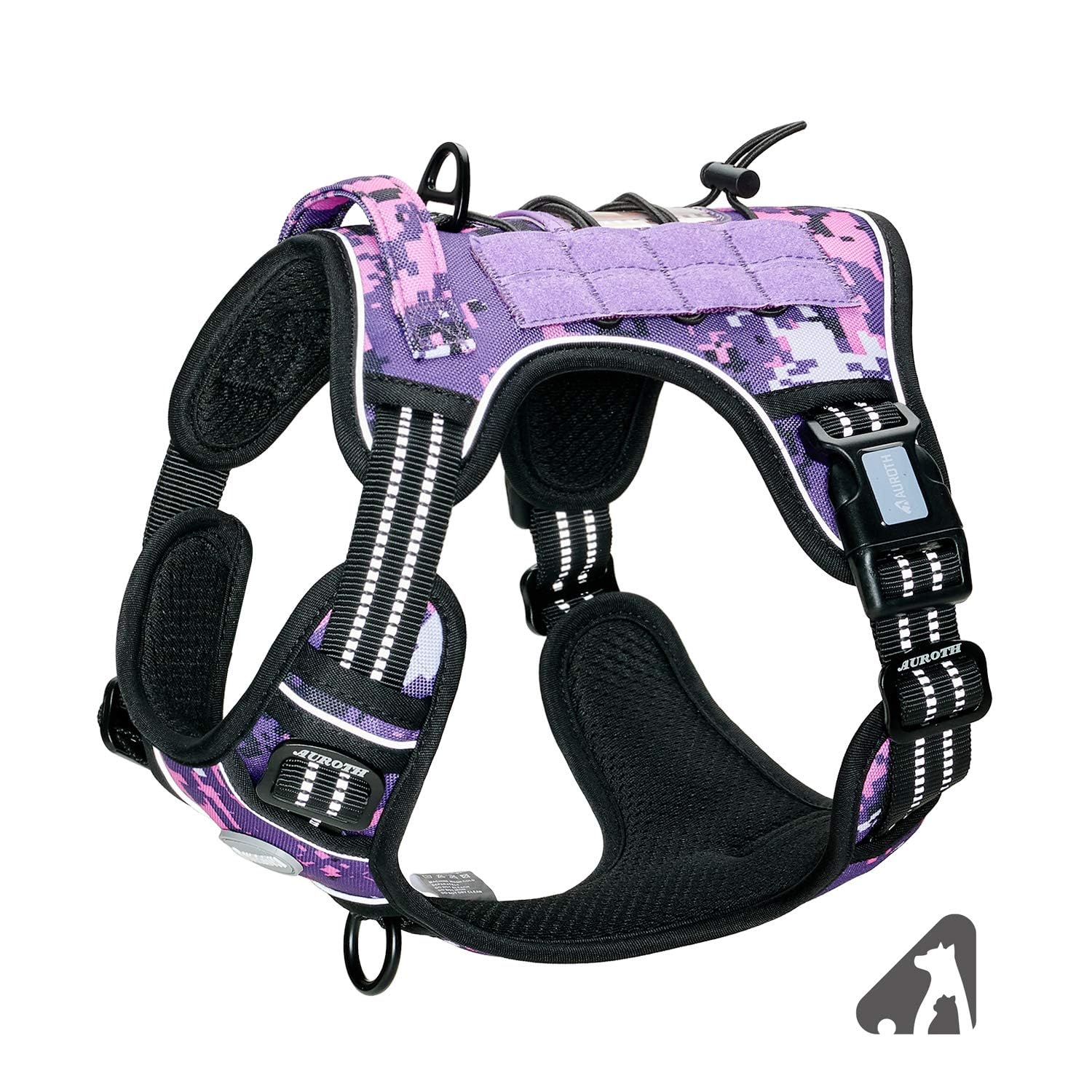 Auroth Tactical Dog Harness For Small Medium Large Dogs No Pull Adjustable Pet Harness Reflective K9 Working Training Easy Control Pet Vest Military Service Dog Harnesses (M, Purple Camo)