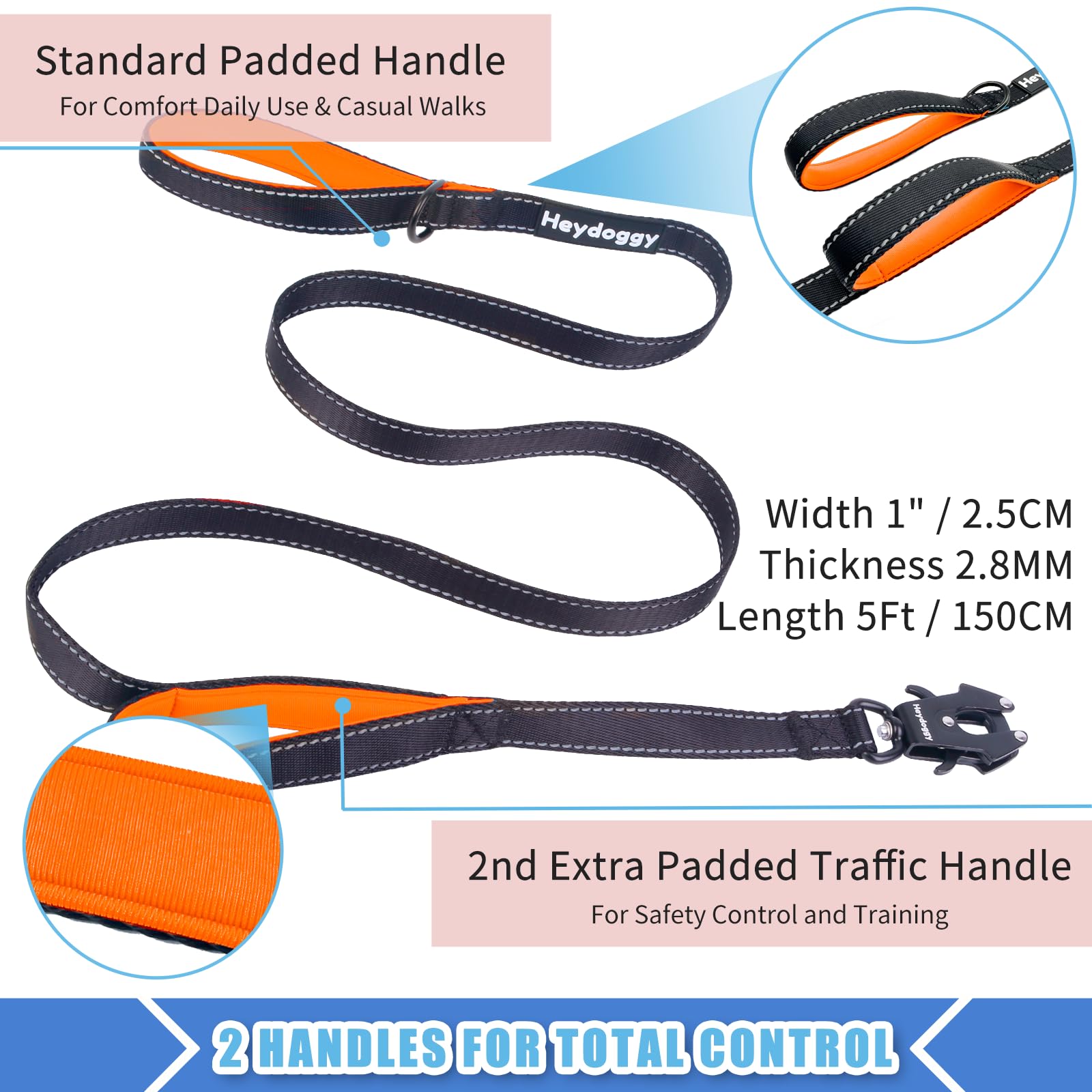 Strong Heavy Duty Dog Leash - 5Ft Reflective Nylon Training Leash With Soft Padded Double Handle & Auto Lock Frog Clip - Safety Traffic Control For Large Medium Small Dog No Pull Walk Black Orange,5Ft
