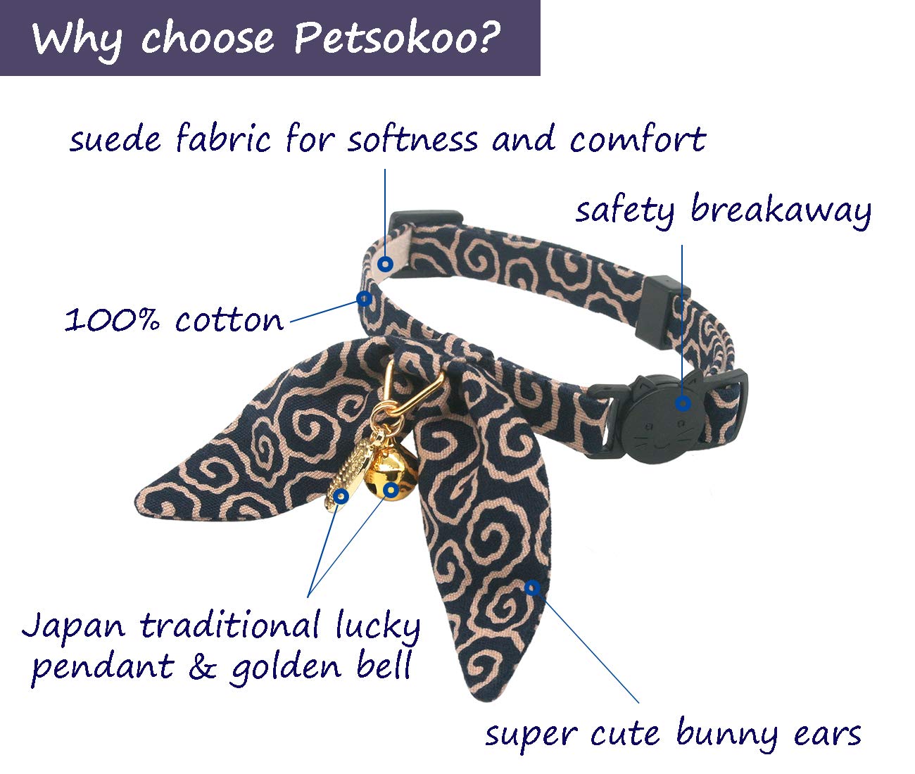 Petsokoo Bunny Ears Cat Collar, Japan Lucky ‘開三運’ Charm. Safety Breakaway Bowtie Kitten Collar With Bell, Navy Blue
