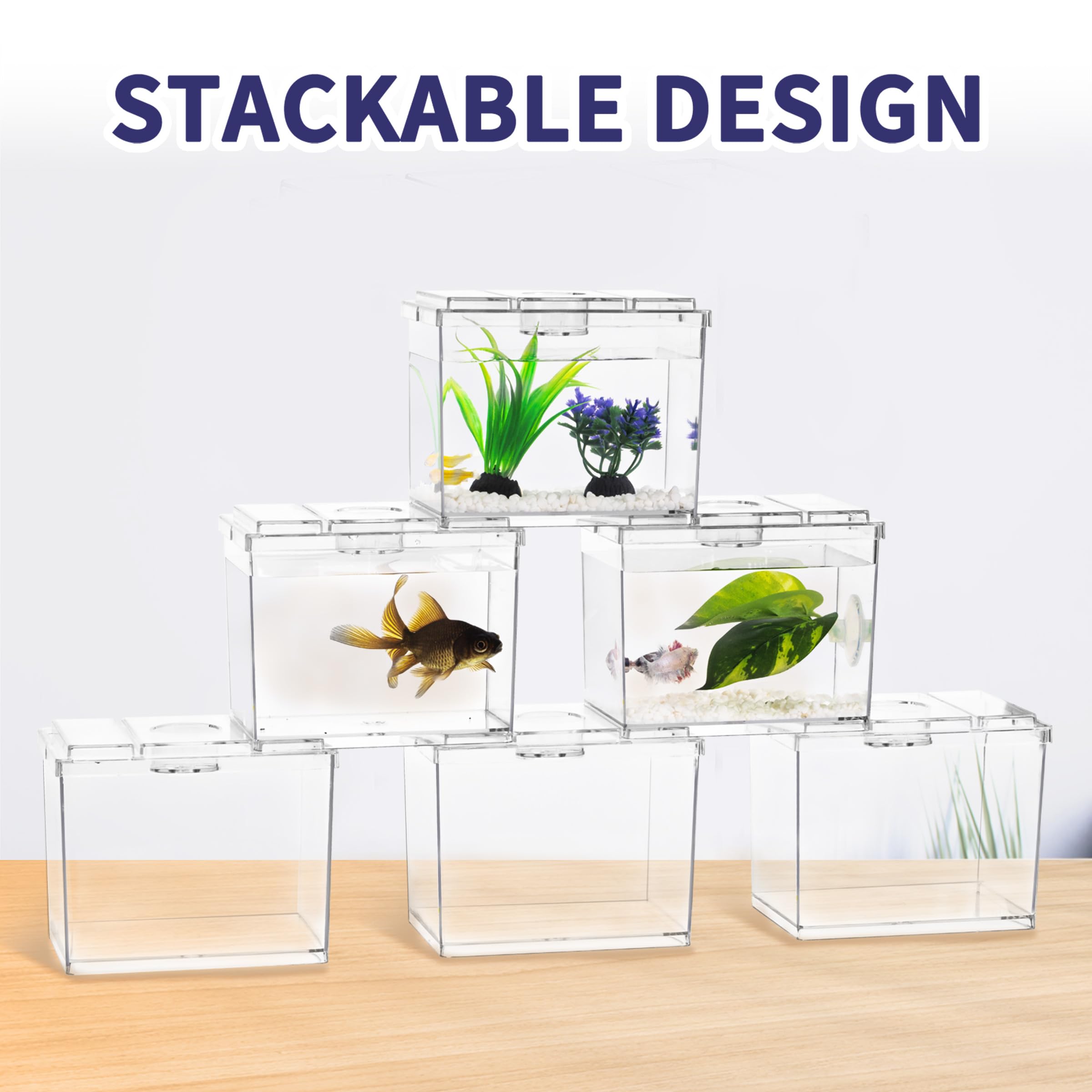Moonorange Mini Betta Fish Tank, Small Fish Bowl For Temporary Space, 0.2 Gallon Stackable Cube Tank With Artificial Plants And