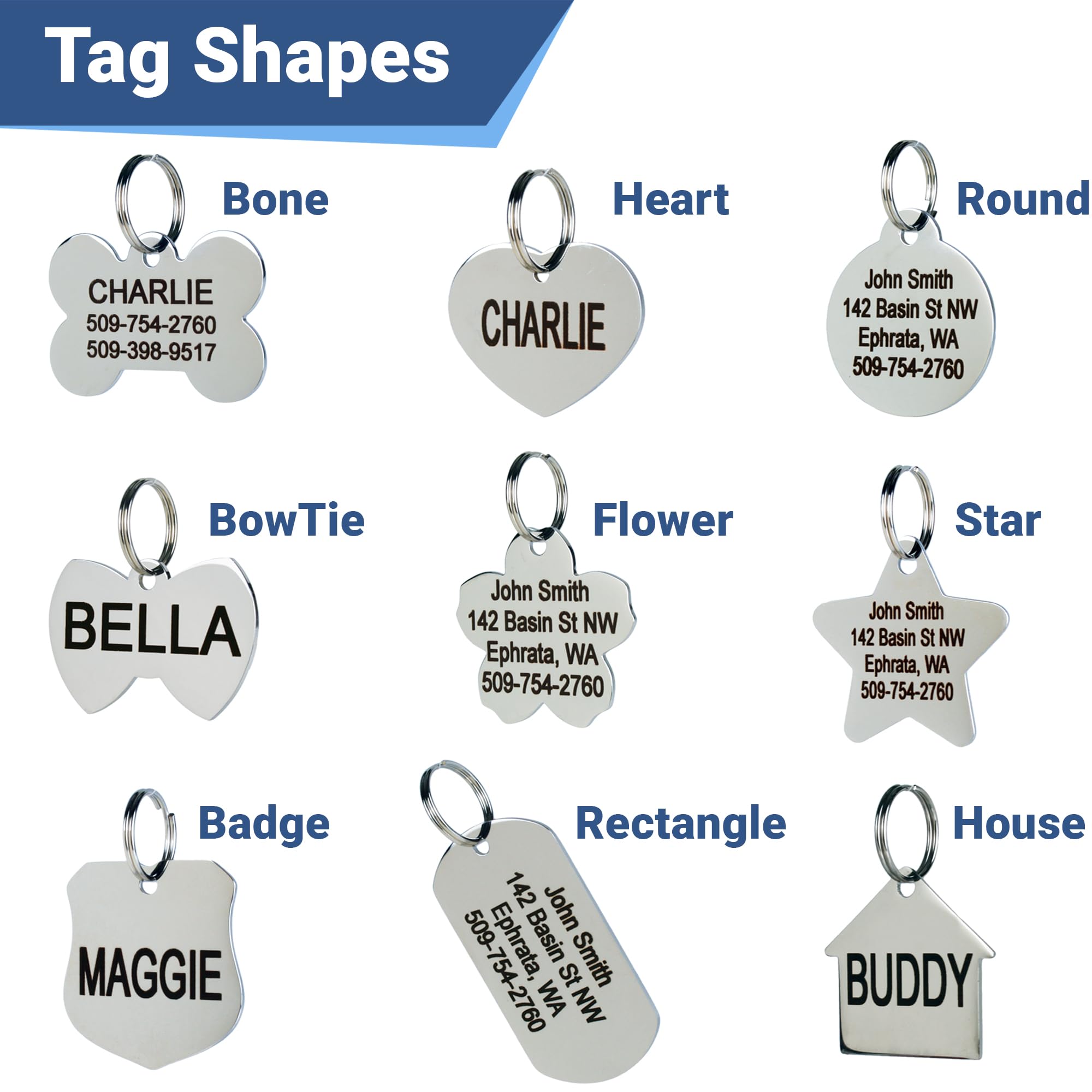 Gotags Stainless Steel Pet Id Tags, Personalized Dog Tags And Cat Tags, Up To 8 Lines Of Custom Text, Engraved On Both Sides, In