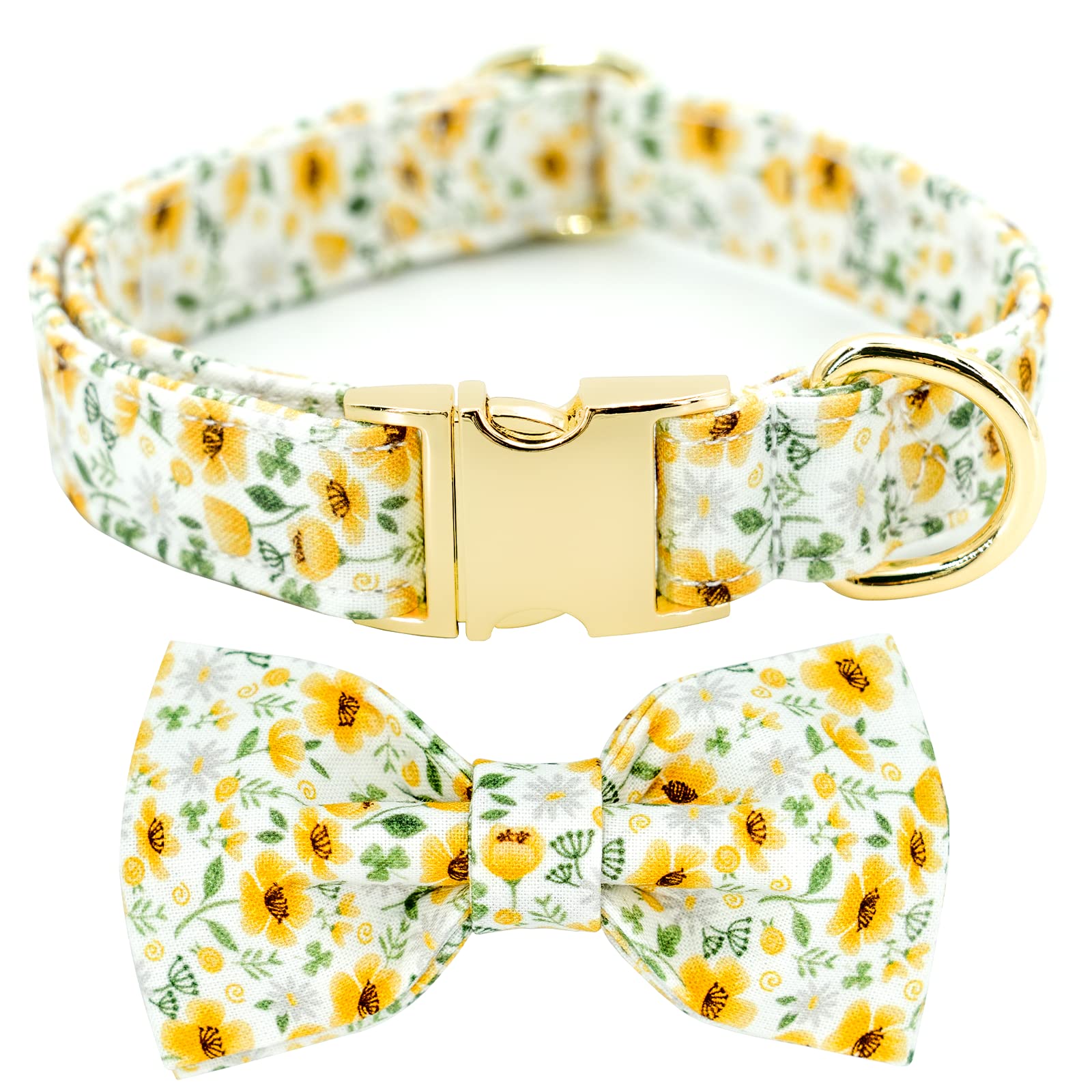 Tunkoo Dog Collar Floral With Elegant Bow Tie Soft Comfy Cotton Adjustable Collar, Premium Metal Buckle For Puppy And Cat Small Medium Large(Daisy Flowers,S)