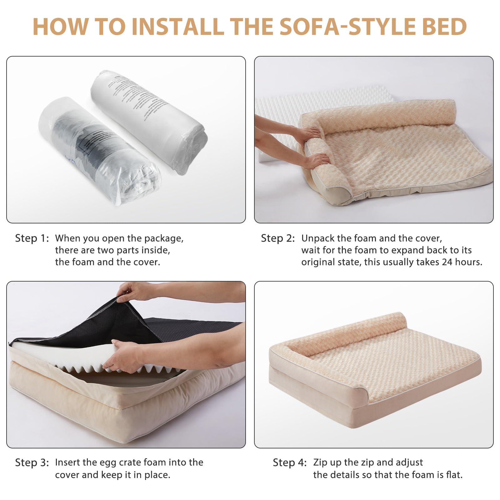 BFPETHOME Orthopedic Dog Bed for Large Dogs, Waterproof, Beige, 36"L x 27"W x 6.5"Th, Removable Washable Cover, Nonskid Bottom