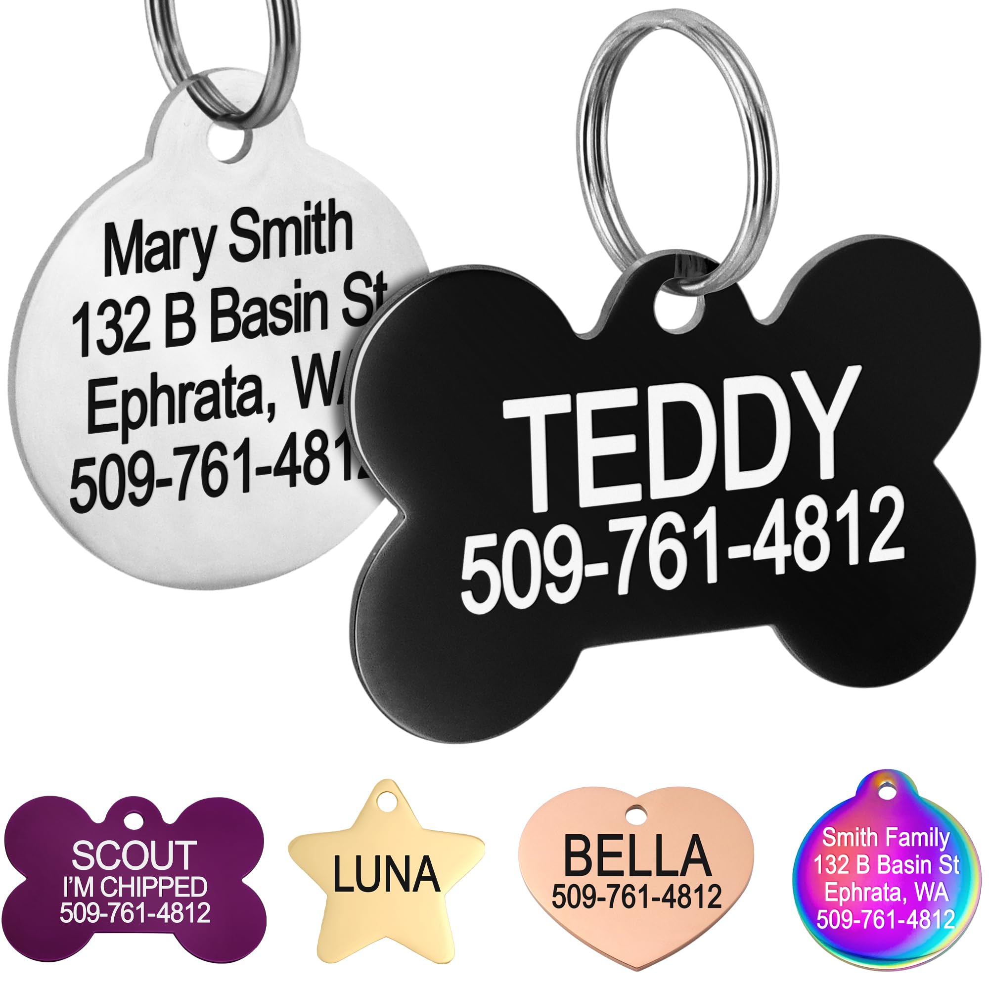 Gotags Dog Tags Personalized Engraved Pet Id Tags, Stainless Steel, Front And Backside Engraving, Available In Bone, Round, Hear