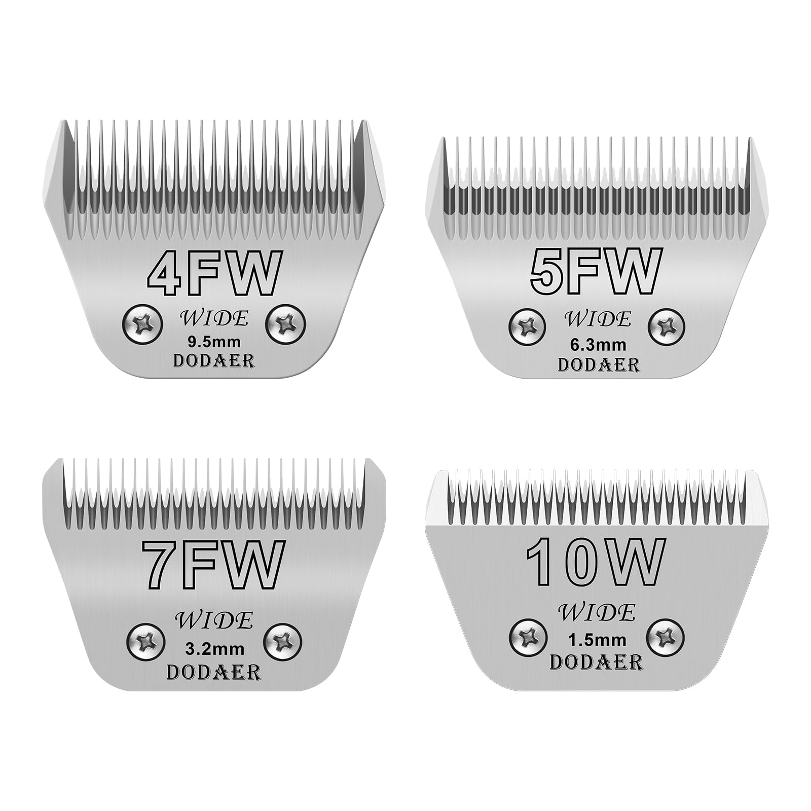 Dodaer 4 Pack Detachable Pet Dog Grooming Blades-Size 10W+7Fw+5Fw+4Fw Dog Grooming Wide Blade,Cutting Length 1/16 In -3/8 In(1.5
