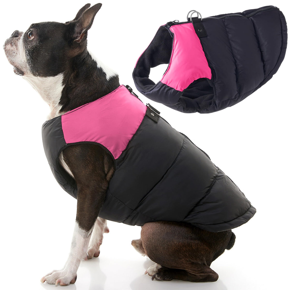 Gooby Padded Vest Dog Jacket - Pink, Medium - Warm Zip Up Dog Vest Fleece Jacket With Dual D Ring Leash - Winter Water Resistant Small Dog Sweater - Dog Clothes For Small Dogs And Medium Dogs