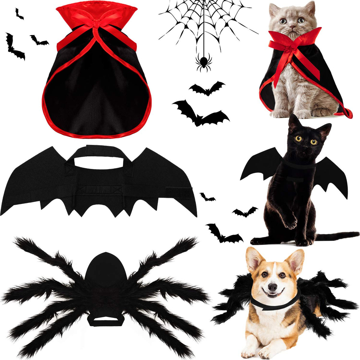 3 Piece Halloween Cat Dog Costume Set, Pet Bat Witch Vampire Cloak Giant Imitation Pet Spider Pets Costume Cosplay Accessories Halloween Pets Decoration For Dogs Puppy Cats (Red, S)