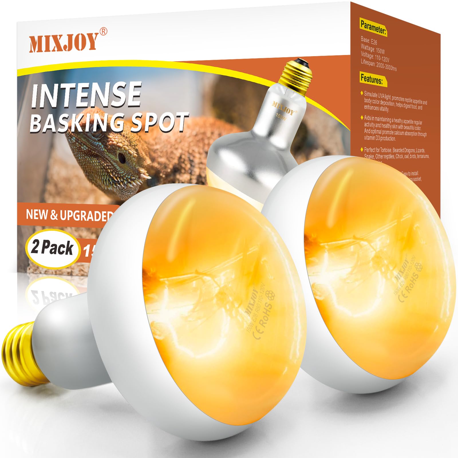 MIXJOY 150W Reptile Heat Lamp Bulb, 2Pack Reptile Basking Spot Light, Upgraded Intense Heat Basking Bulb, UVA Daylight Heat Lamp