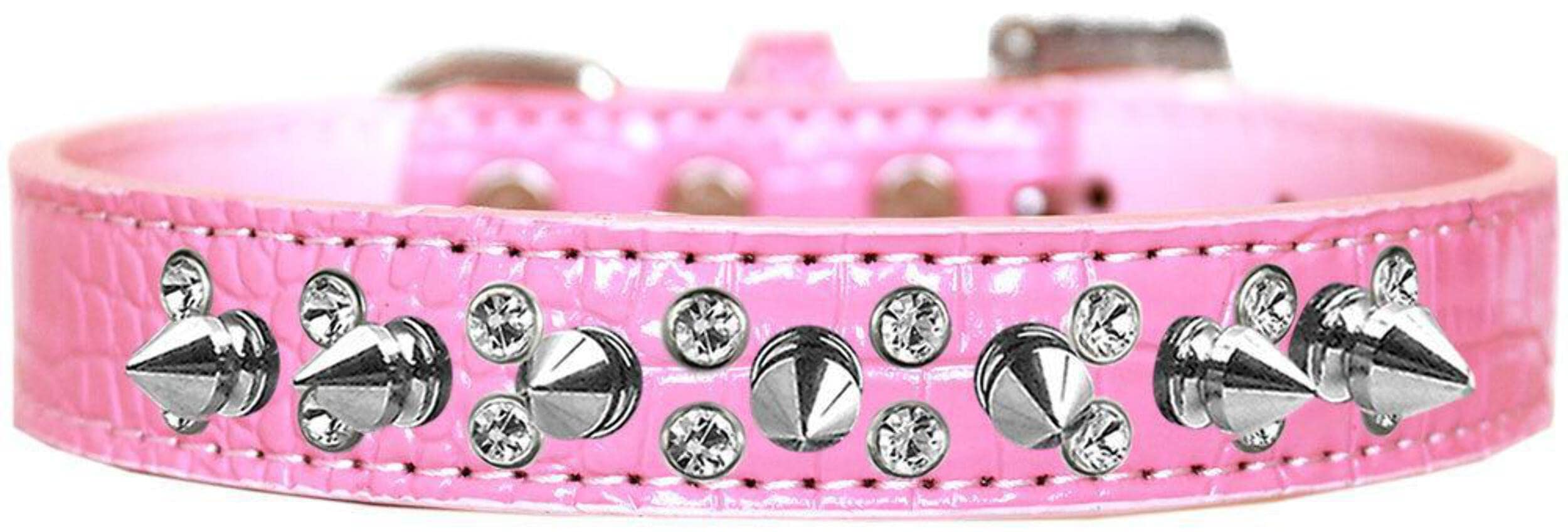 Dog, Puppy and Pet Designer Croc Collar, &quot;Double Crystal & Silver Spikes&quot; Light Pink 12