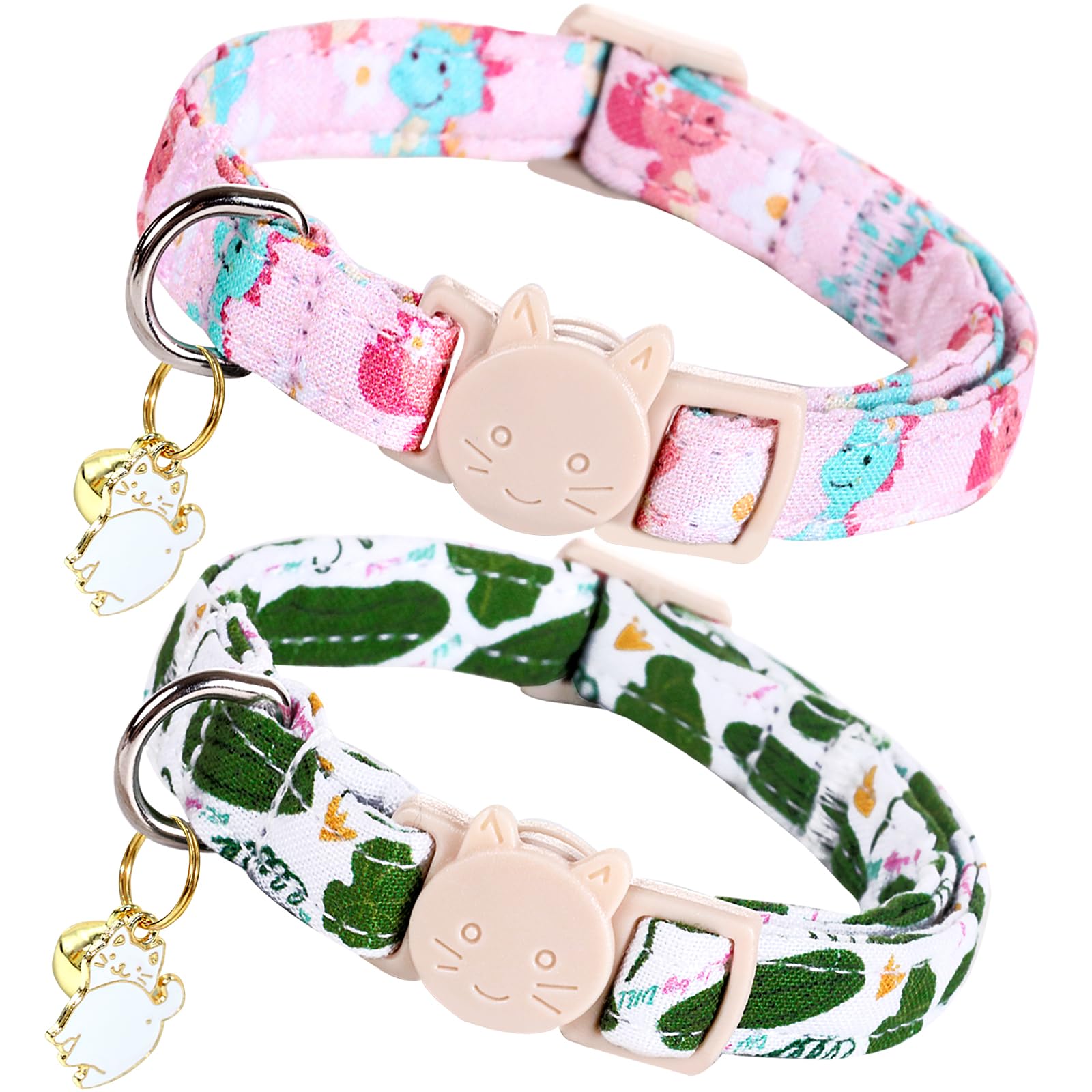 Lionheart Glory 2 Pack Cat Collar Breakaway With Bell & Pendant Dinosaurs Cucumbers Print Kitten Collar Soft Adjustable Safety C