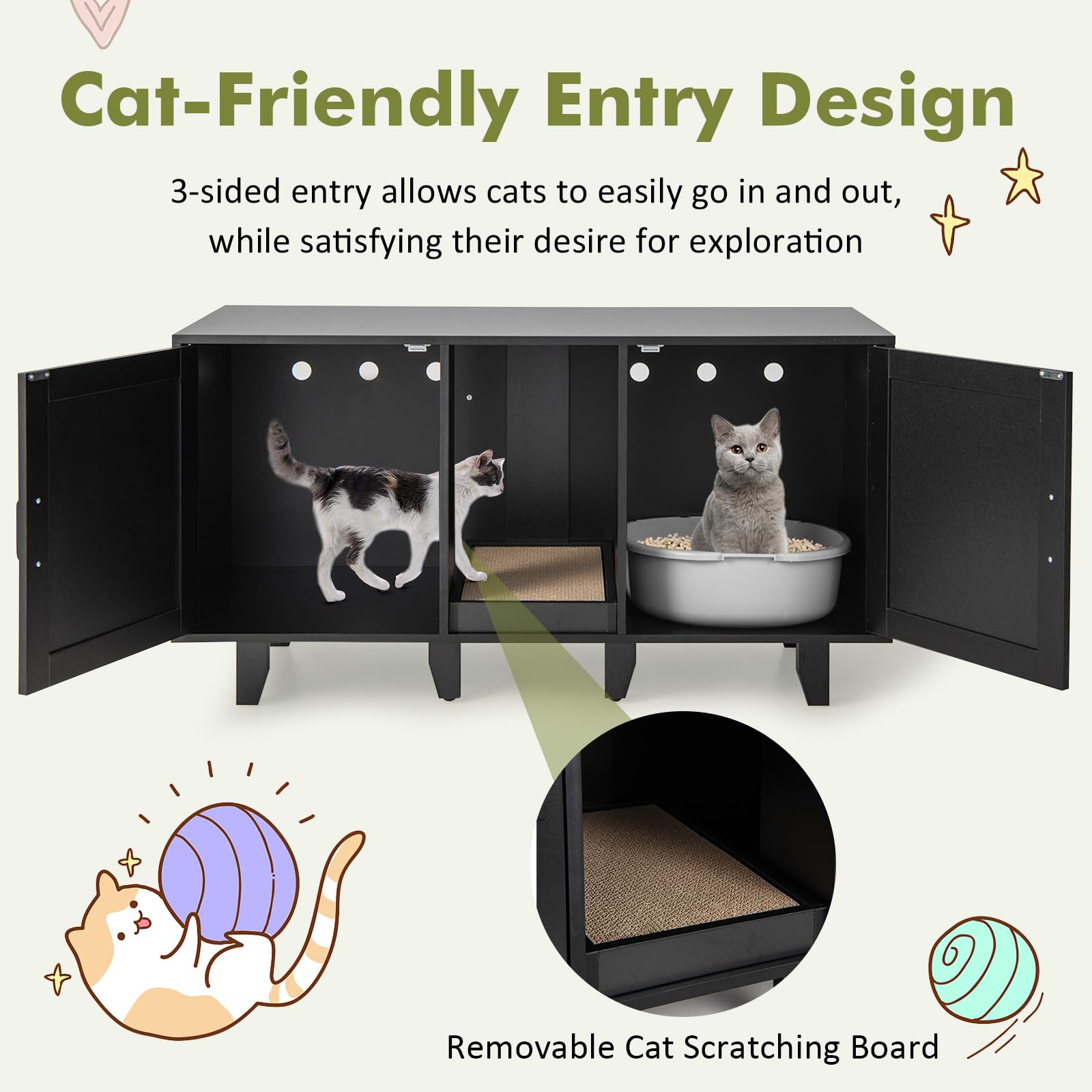Tangkula Double Cat Litter Box Enclosure For 2 Cats, Large Stackable Hidden Privacy Cat Washroom Cabinet With Scratching Board, Indoor Cat House Tv Stand Side Table, Litter Box Furniture (Black)