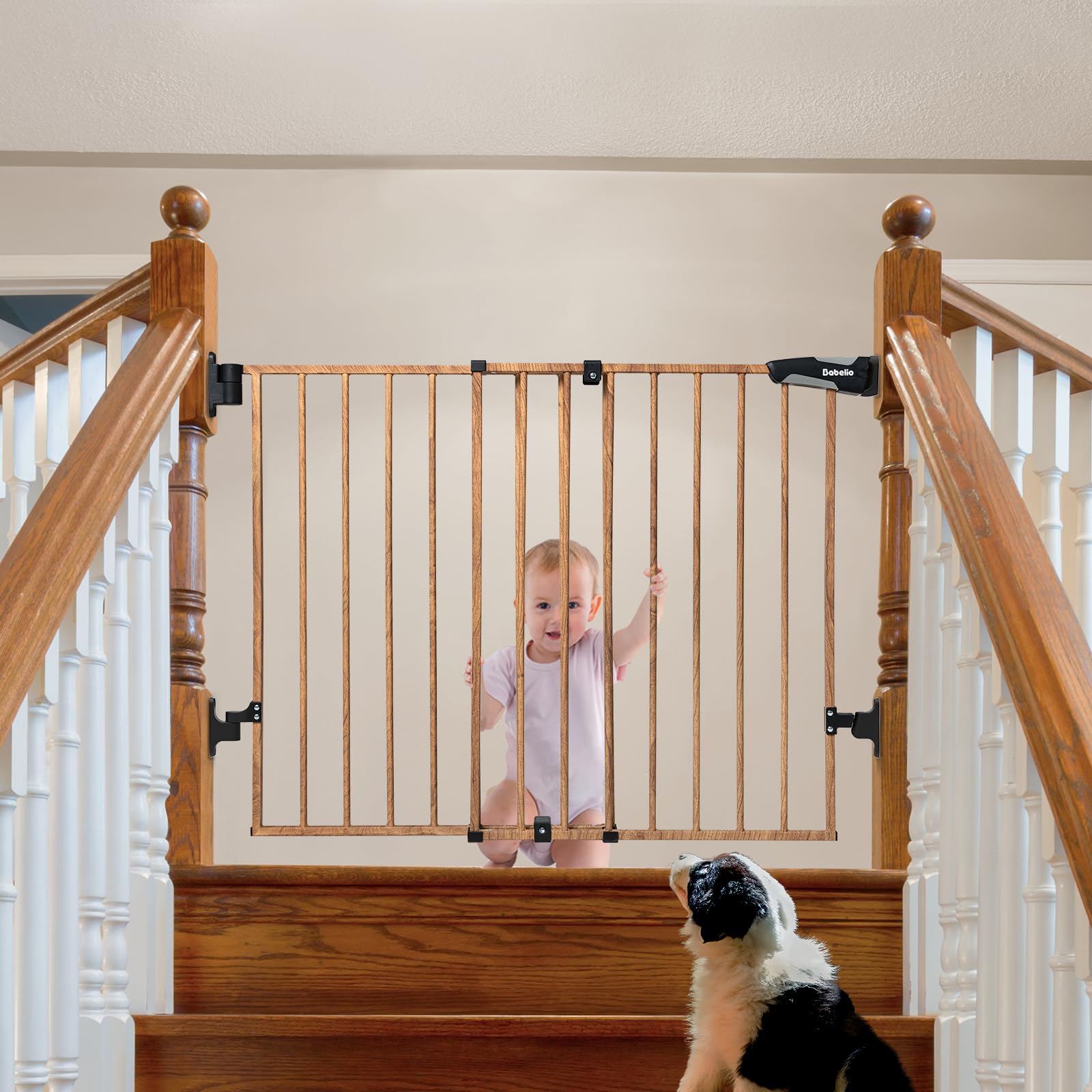 Babelio 26-43' No Bottom Bar Baby Gate For Babies, Elders And Pets, 2-In-1 Hardware Mount Dog Gate For The House, Stairs And Doorways, With Large Walk Thru Door, Brown Wood Pattern